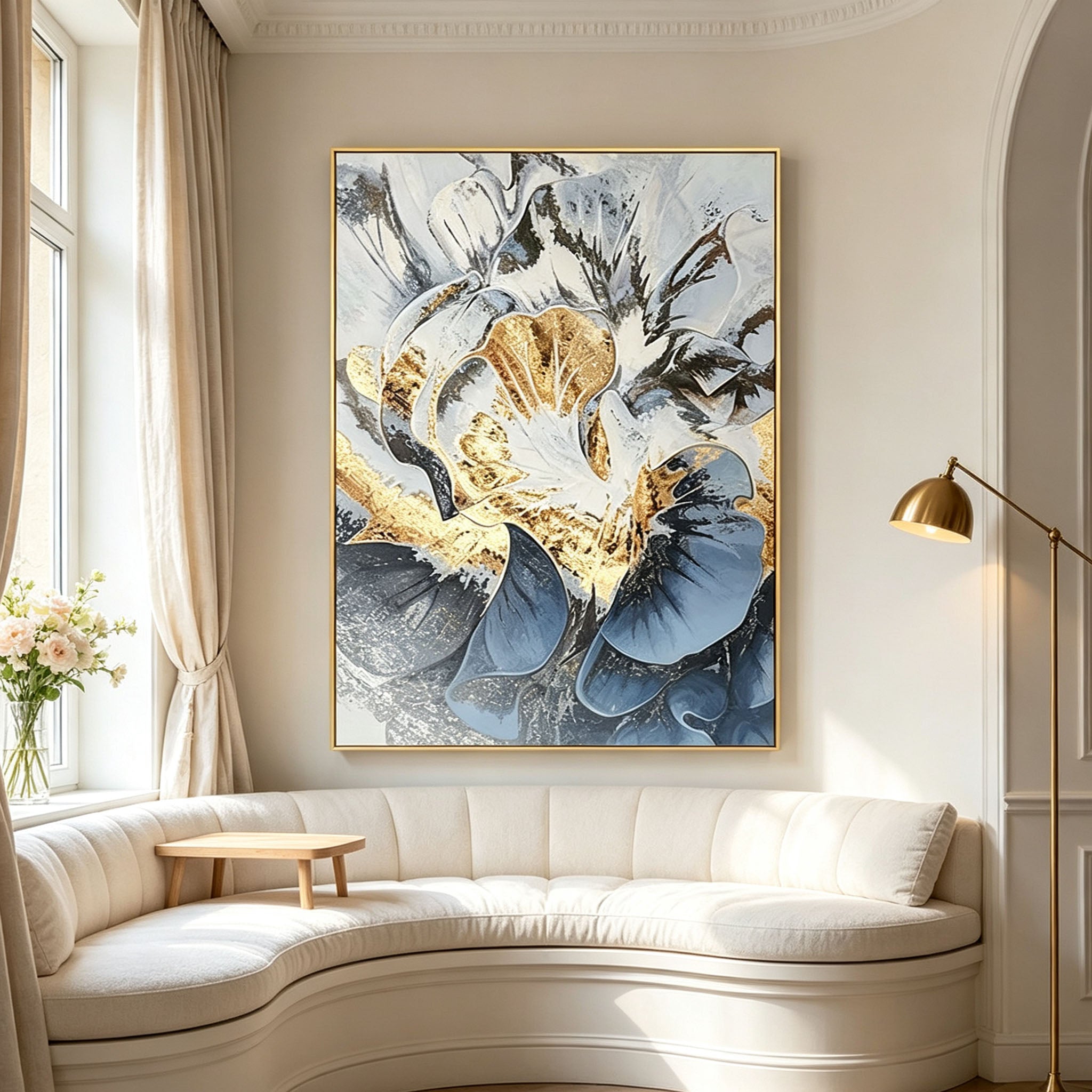 Abstract Floral Wall Art, Gold Frame Oil Painting, White Blue Gold Black Textured Canvas, Luxury Office Decor