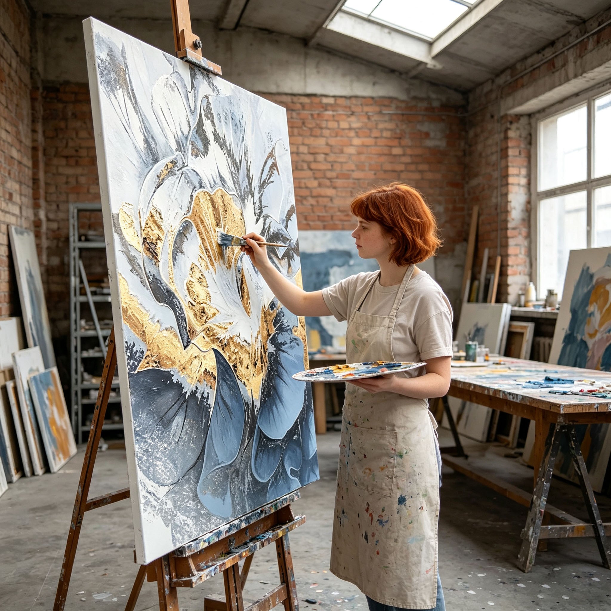 Abstract Floral Wall Art, Gold Frame Oil Painting, White Blue Gold Black Textured Canvas, Luxury Office Decor