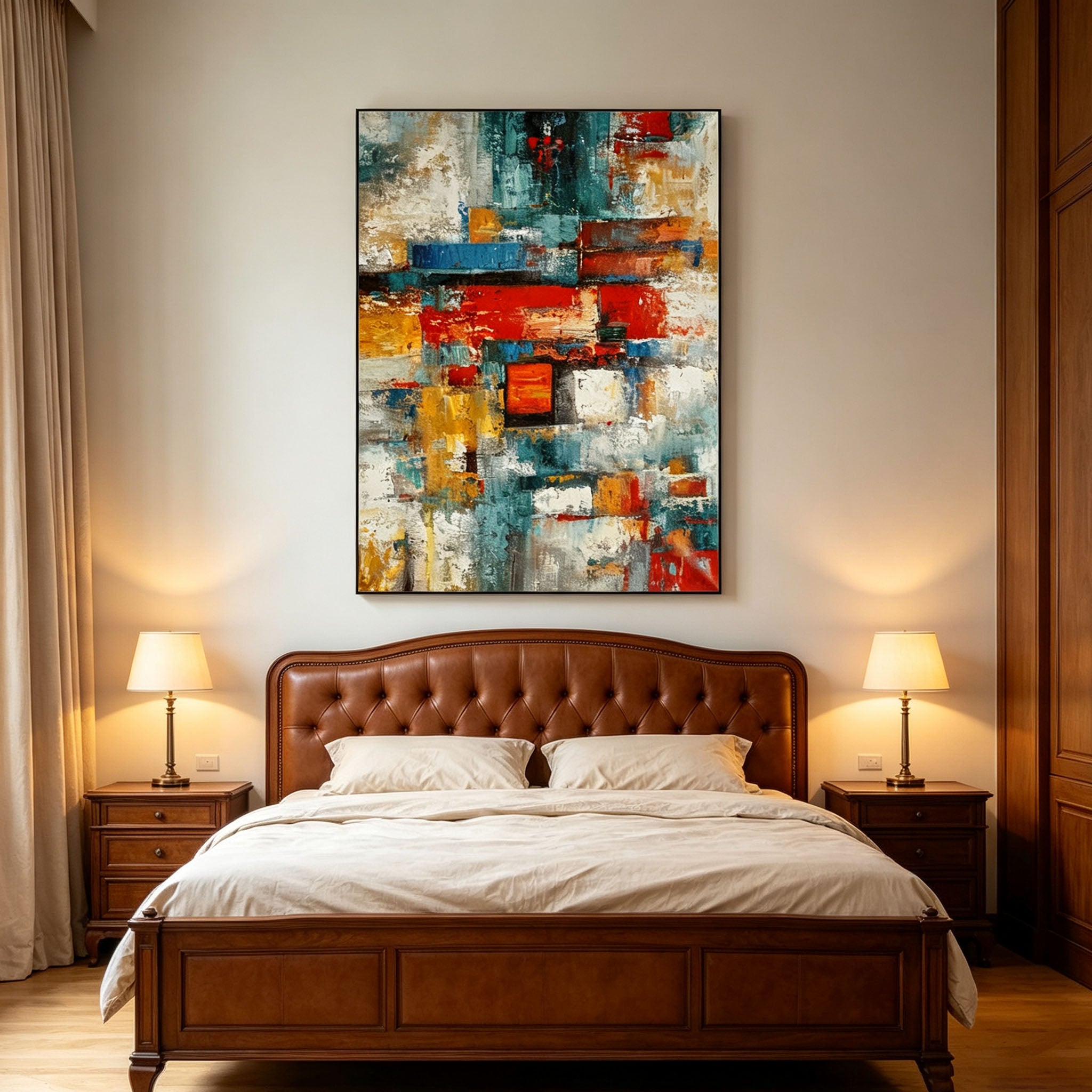 Colorful Abstract Wall Art, Red Blue Yellow Oil Painting, Large Textured Color Block Canvas, Retro Bedroom Wall Decor