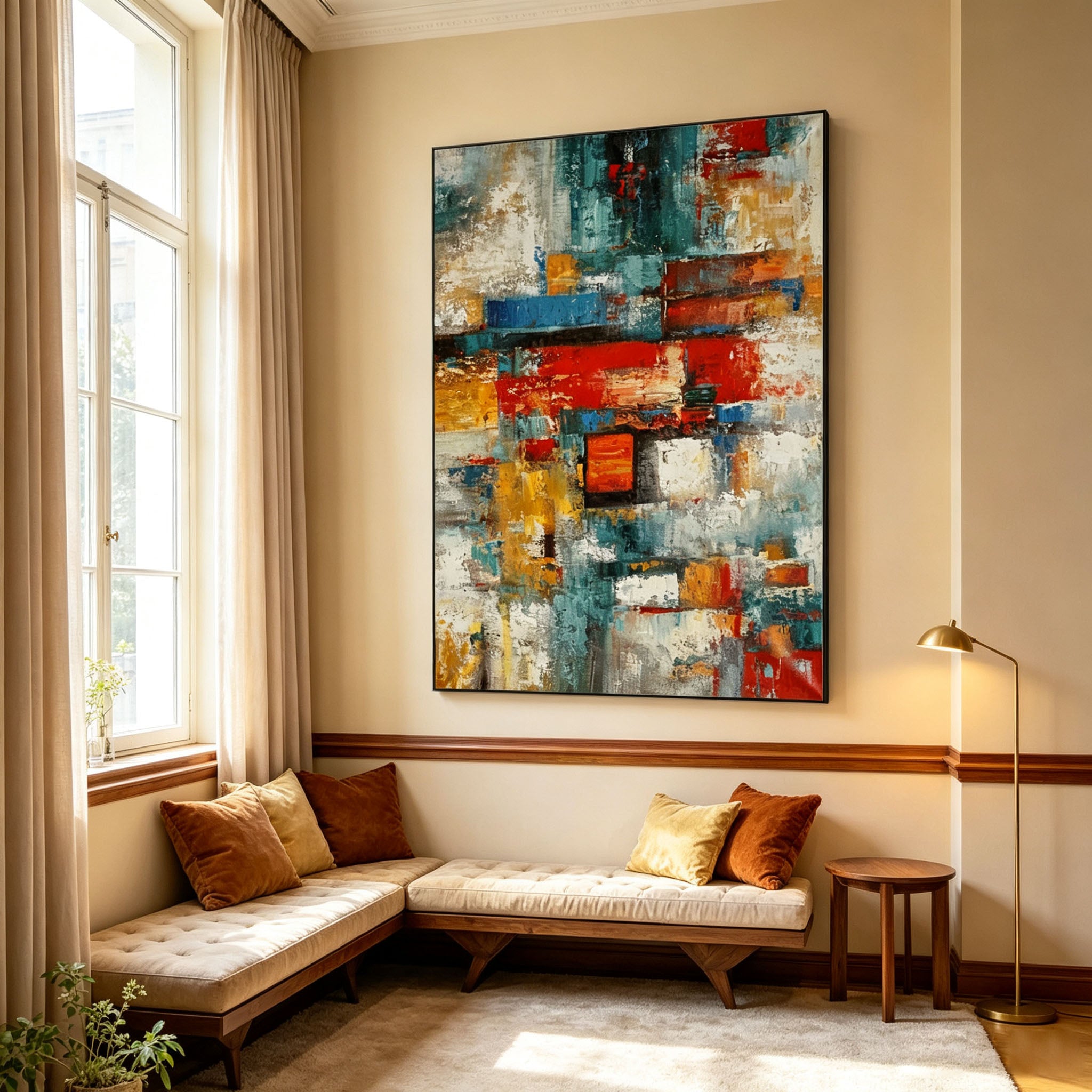 Colorful Abstract Wall Art, Red Blue Yellow Oil Painting, Large Textured Color Block Canvas, Retro Bedroom Wall Decor