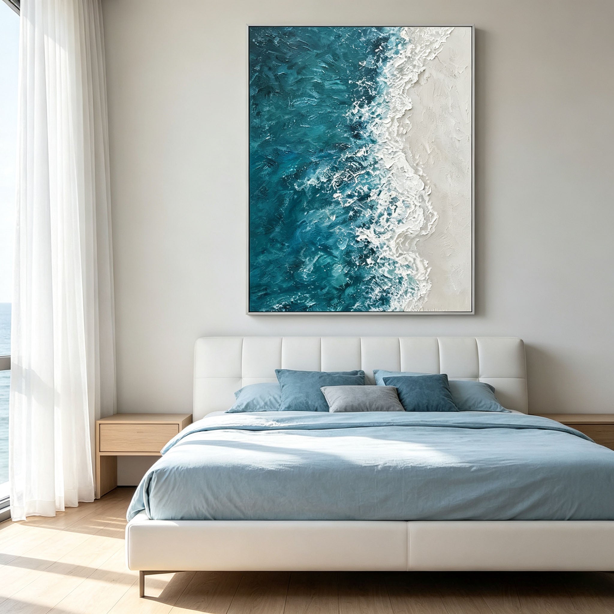Ocean Wave Wall Art, 3D Textured Sea Oil Painting, Blue Green Impasto Canvas, White Foam Relief, Coastal Living Room Decor