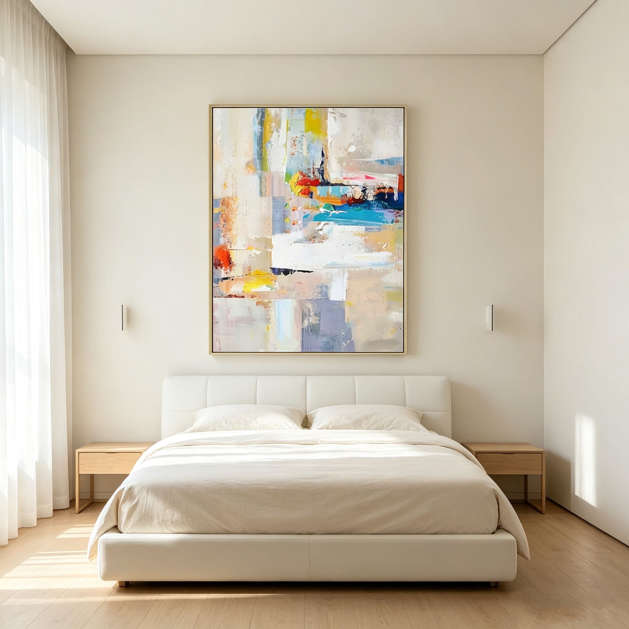 Colorful Abstract Wall Art, Gold Frame Oil Painting, White Yellow Blue Red Color Block Canvas, Cozy Window Corner Decor