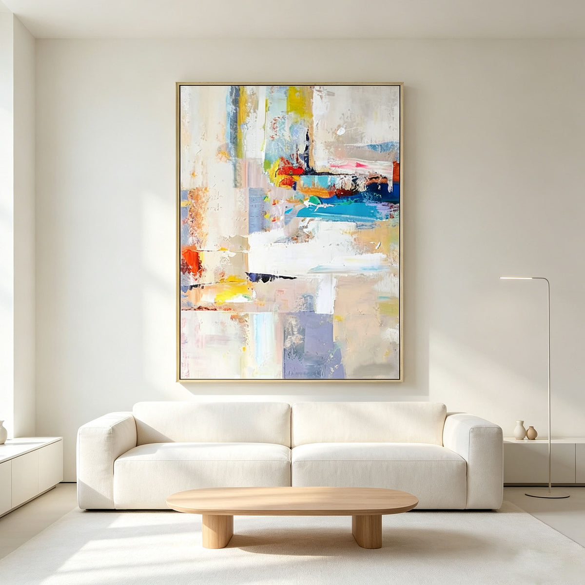 Colorful Abstract Wall Art, Gold Frame Oil Painting, White Yellow Blue Red Color Block Canvas, Cozy Window Corner Decor