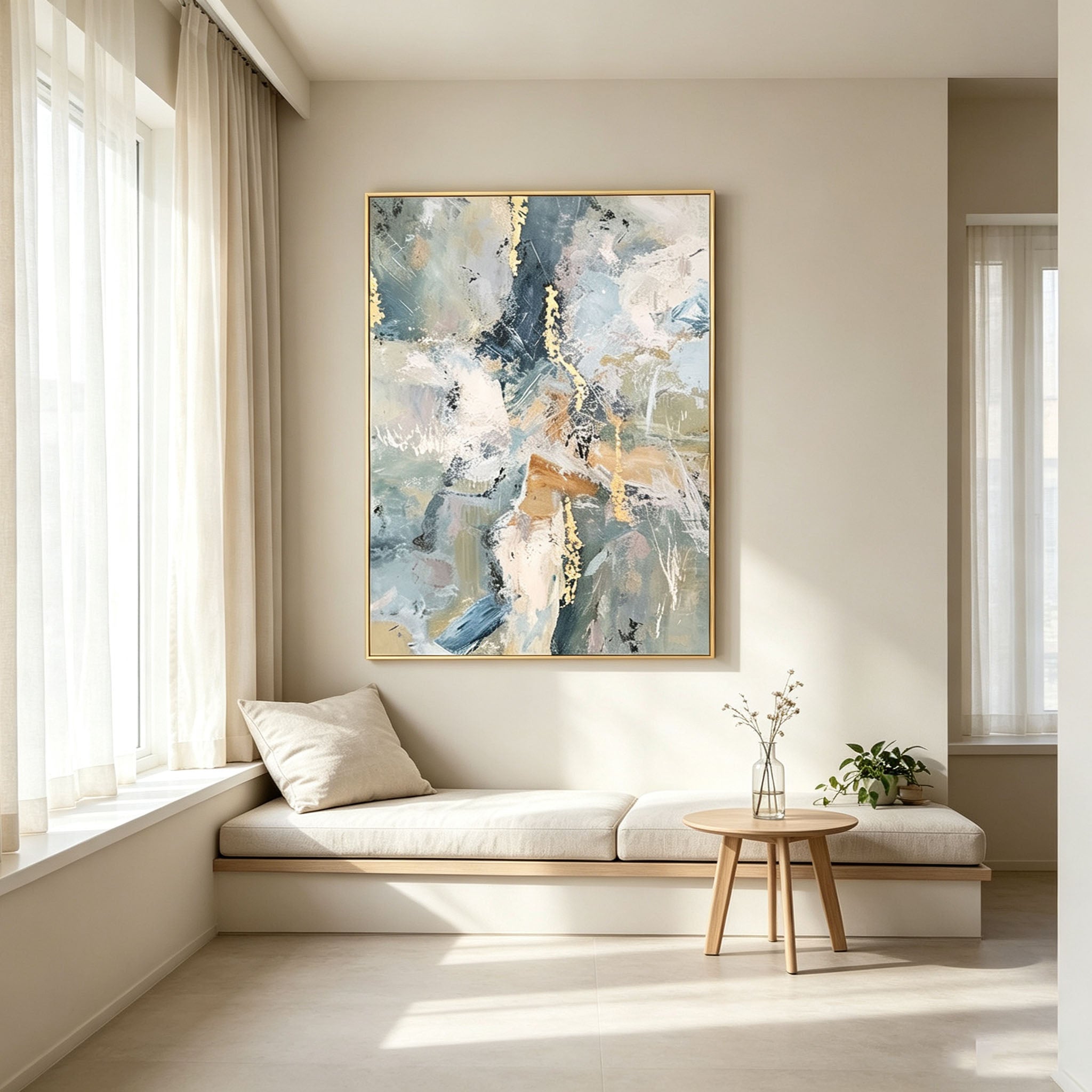 Blue Gold Abstract Wall Art, Gold Frame Oil Painting, White Brown Gold Leaf Canvas, Luxury Modern Living Room Decor