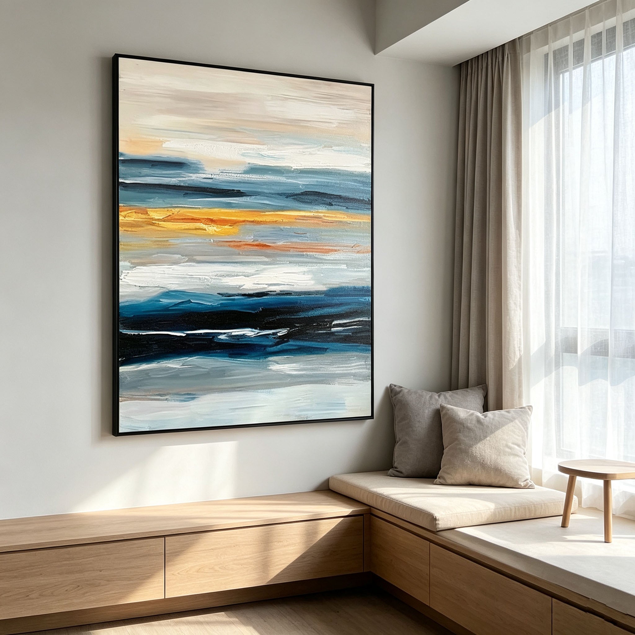Abstract Ocean Horizon Canvas Wall Art | Blue Gold Textured Seascape Oil Painting for Modern Home Decor