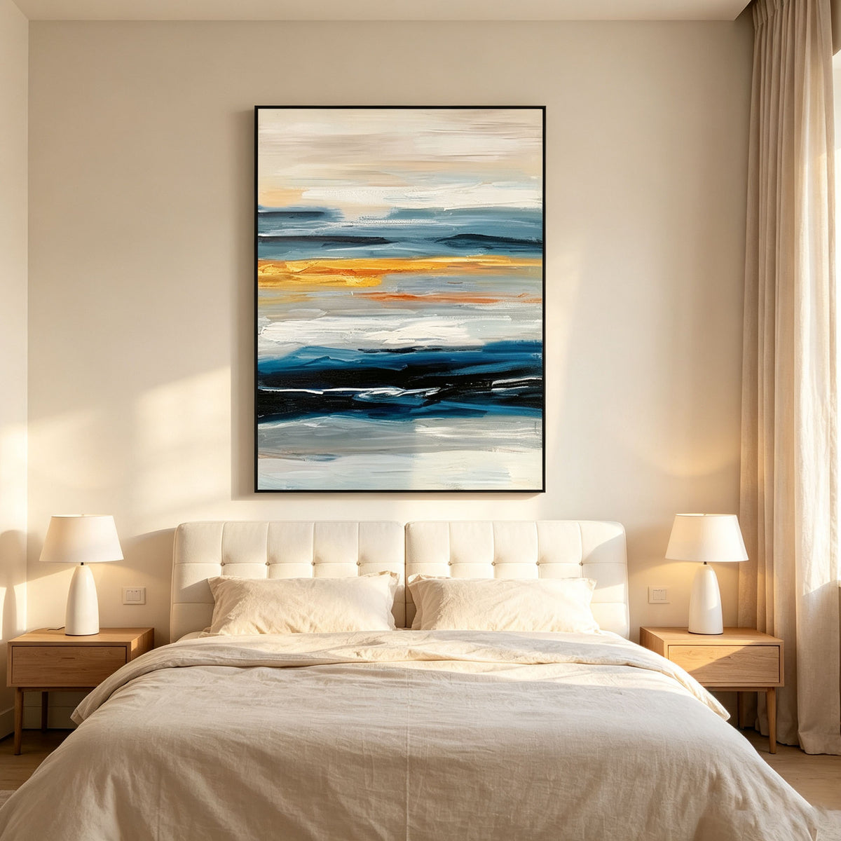 Abstract Ocean Horizon Canvas Wall Art | Blue Gold Textured Seascape Oil Painting for Modern Home Decor