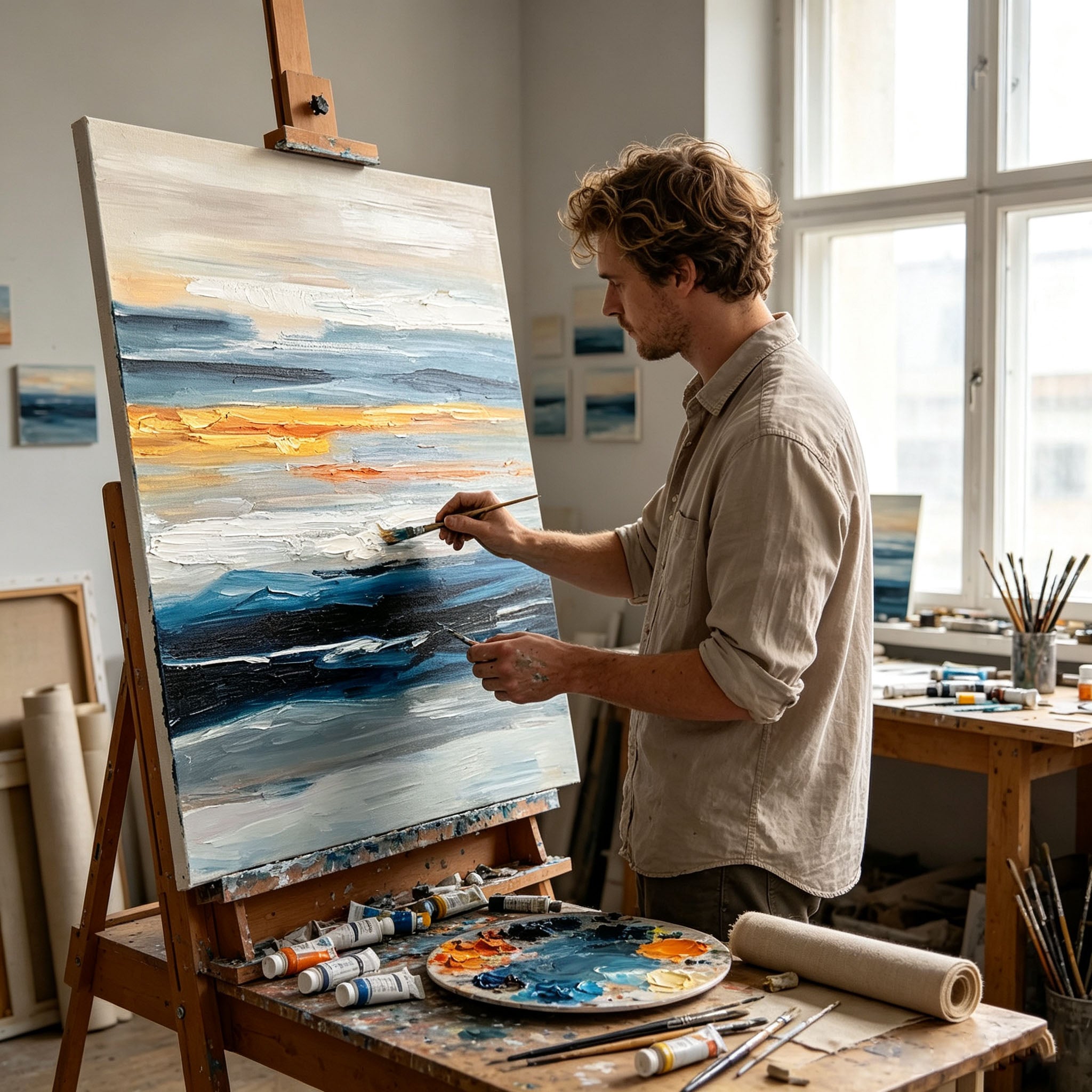Abstract Ocean Horizon Canvas Wall Art | Blue Gold Textured Seascape Oil Painting for Modern Home Decor