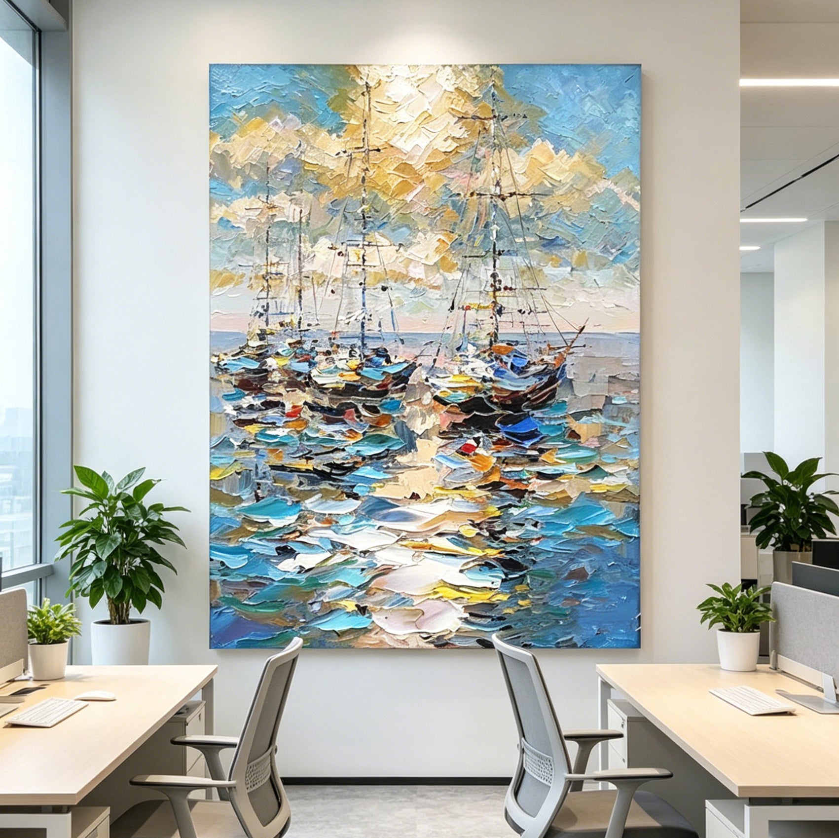 Stretched Hand-Painted "Harbor Moonlight" Oil Painting – Textured Nautical Statement Canvas for Coastal Elegance