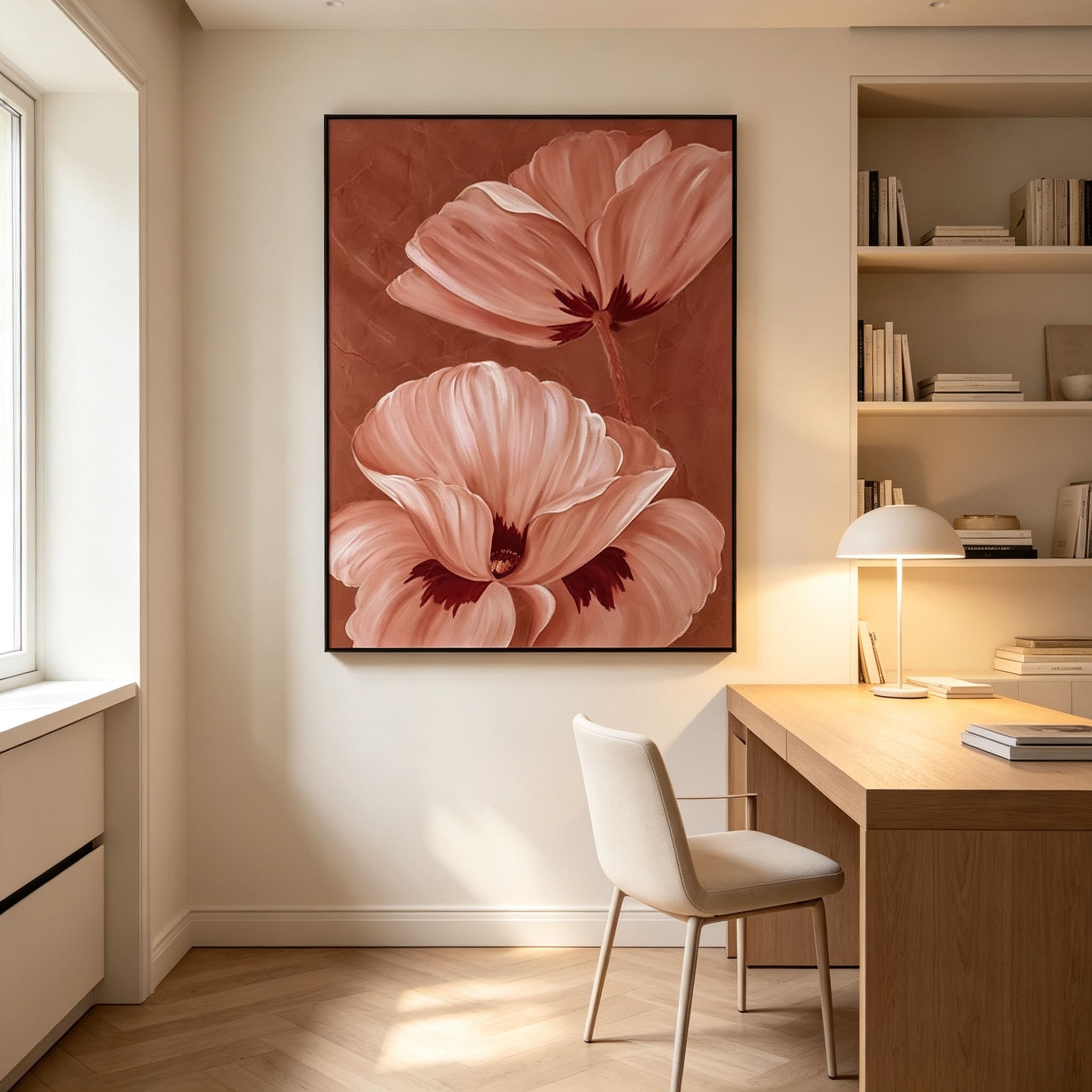 Warm Terracotta Poppy Flower Canvas Wall Art, Textured Floral Painting for Bedroom Living Room Home Decor
