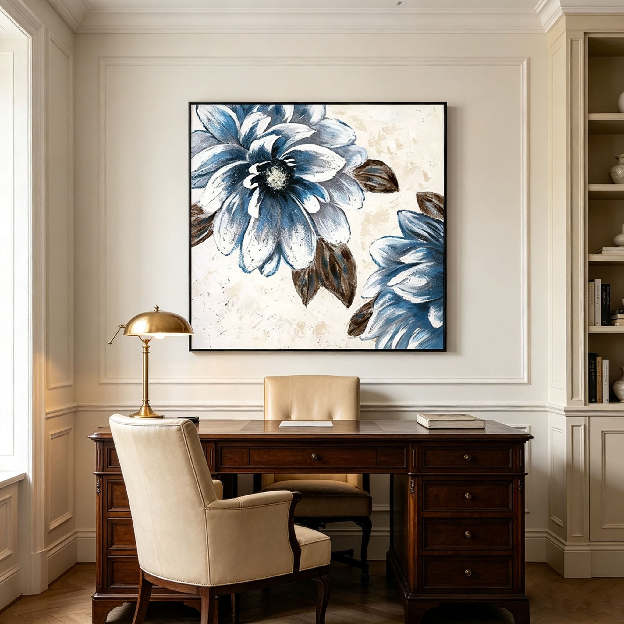 Textured Blue White Flower Oil Painting, Vintage Floral Impasto Canvas Wall Art, Neutral Botanical Entrance Decor