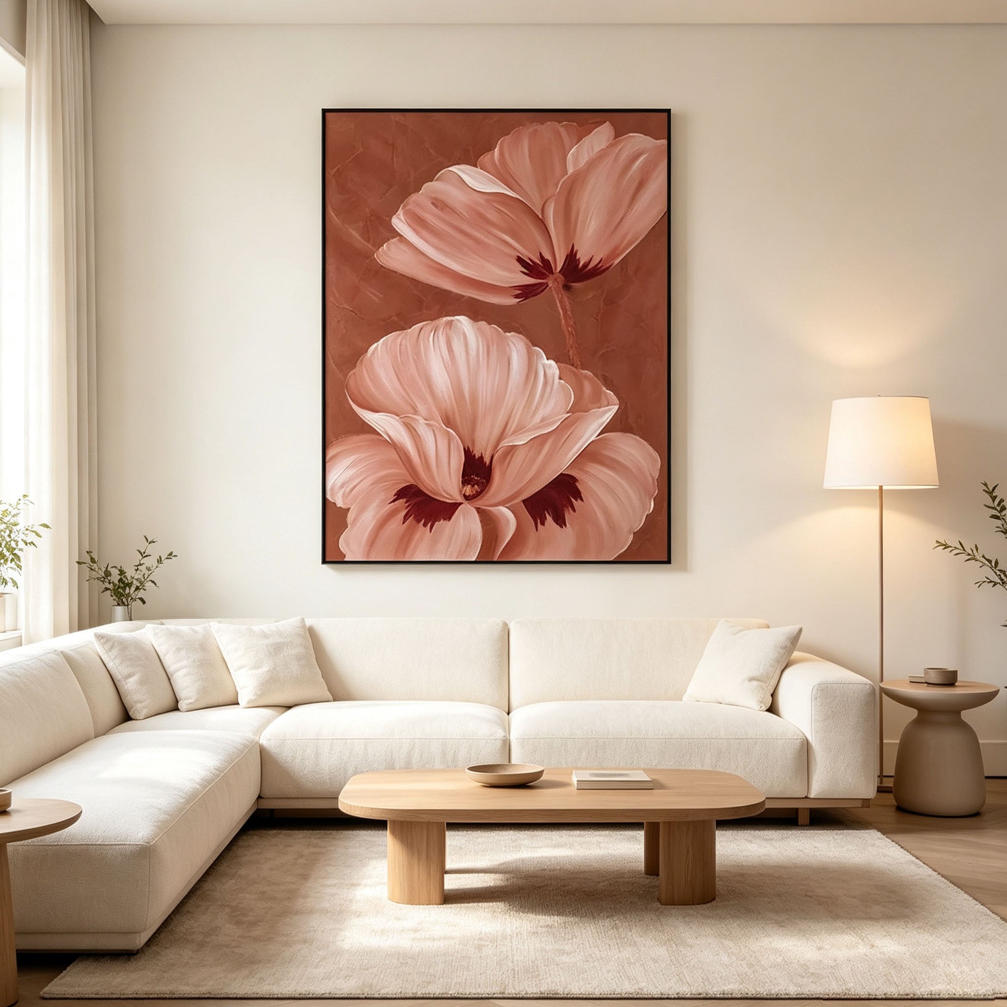 Warm Terracotta Poppy Flower Canvas Wall Art, Textured Floral Painting for Bedroom Living Room Home Decor