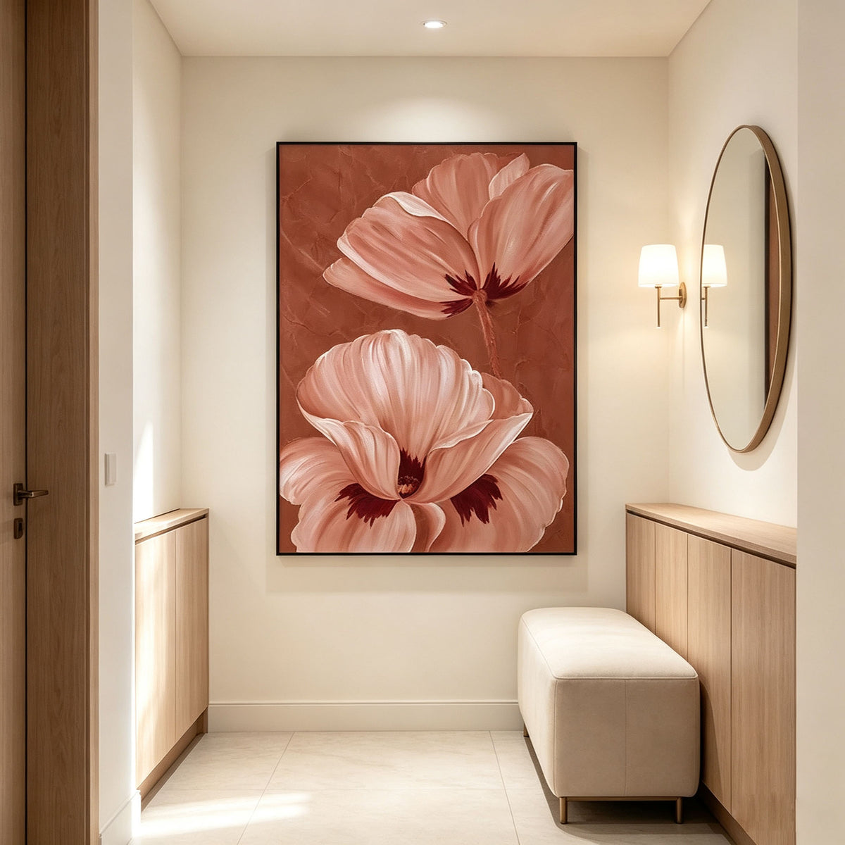 Warm Terracotta Poppy Flower Canvas Wall Art, Textured Floral Painting for Bedroom Living Room Home Decor