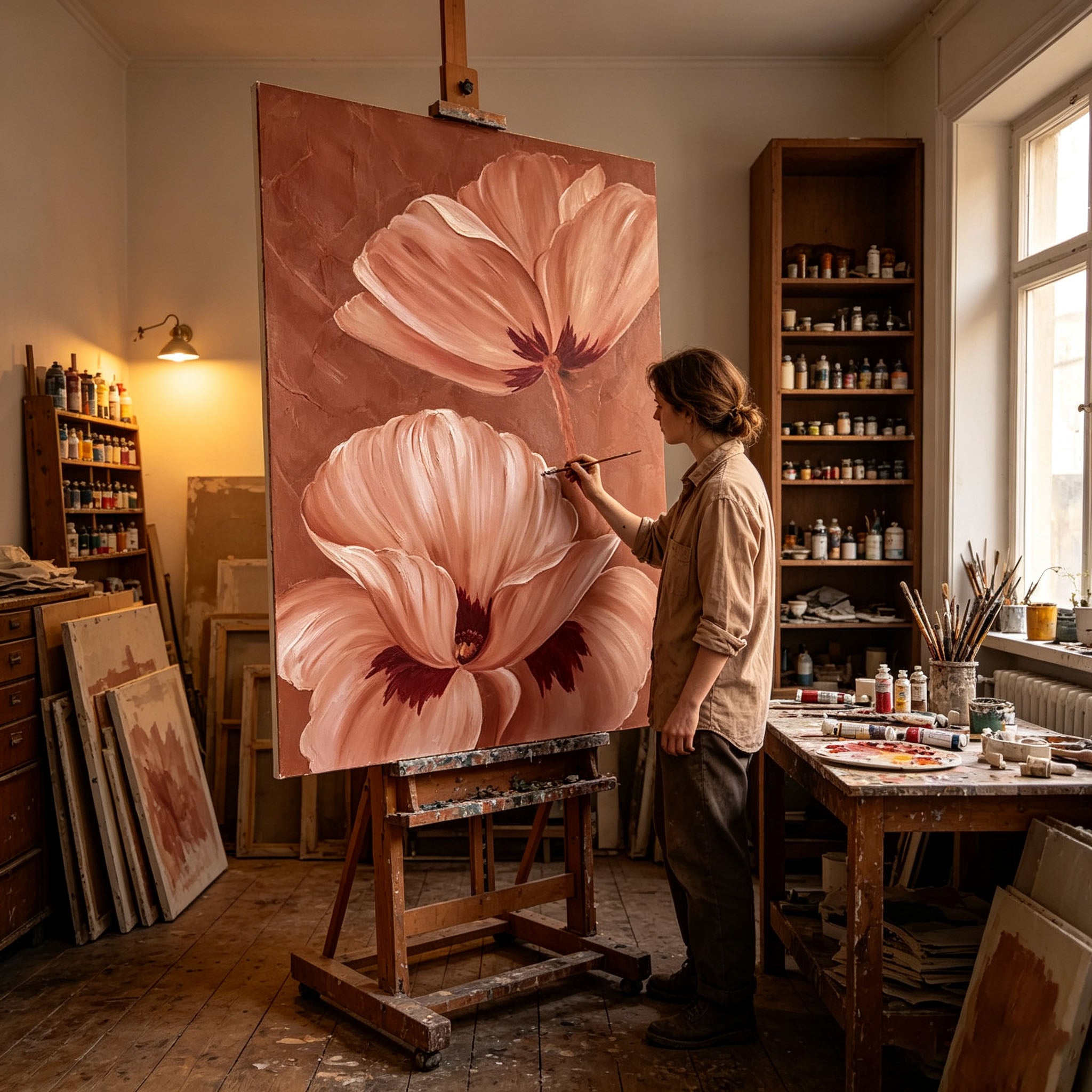 Warm Terracotta Poppy Flower Canvas Wall Art, Textured Floral Painting for Bedroom Living Room Home Decor