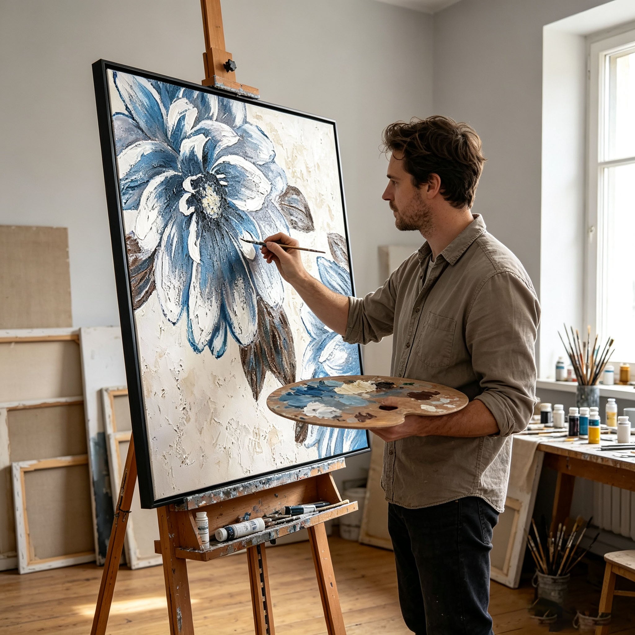 Textured Blue White Flower Oil Painting, Vintage Floral Impasto Canvas Wall Art, Neutral Botanical Entrance Decor