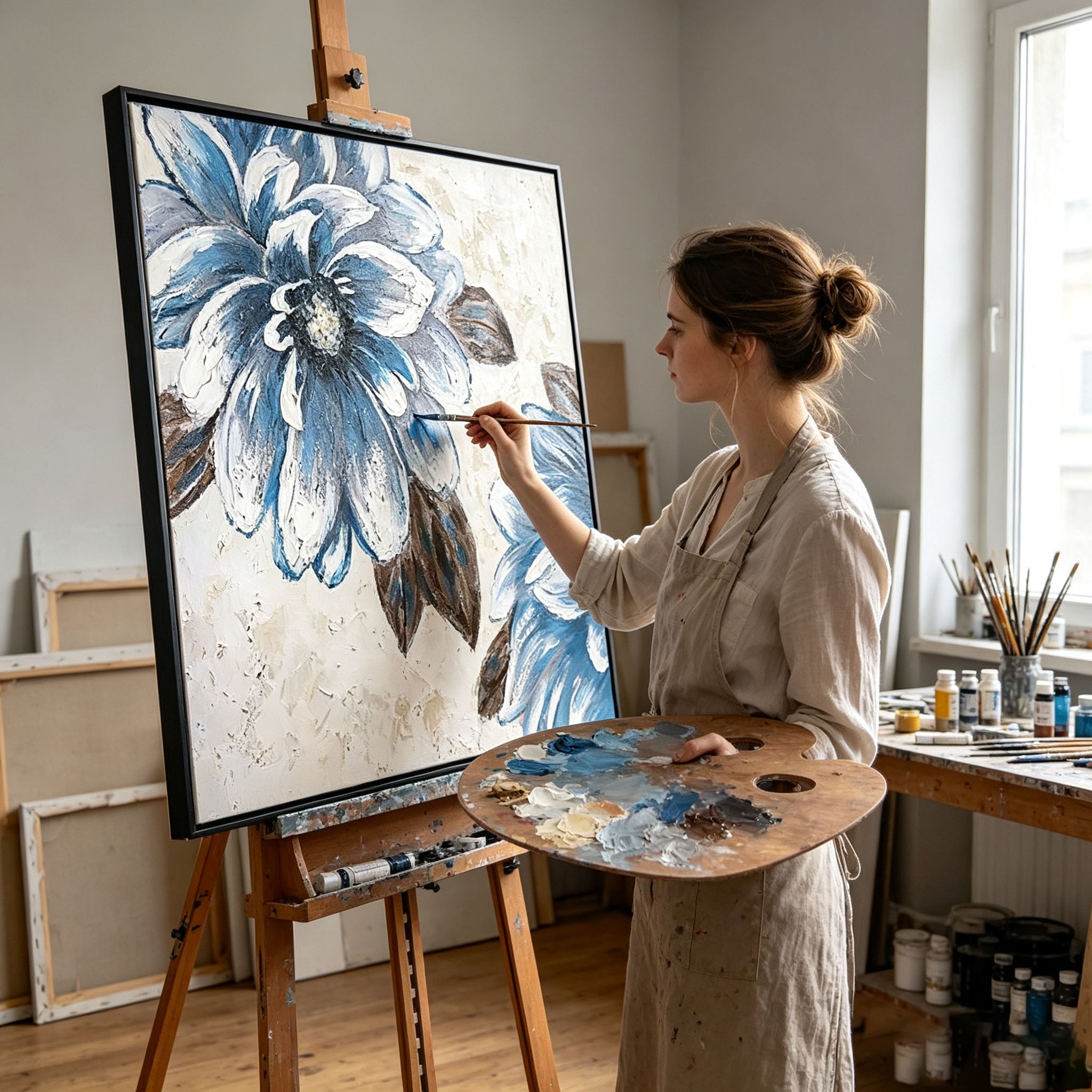 Textured Blue White Flower Oil Painting, Vintage Floral Impasto Canvas Wall Art, Neutral Botanical Entrance Decor