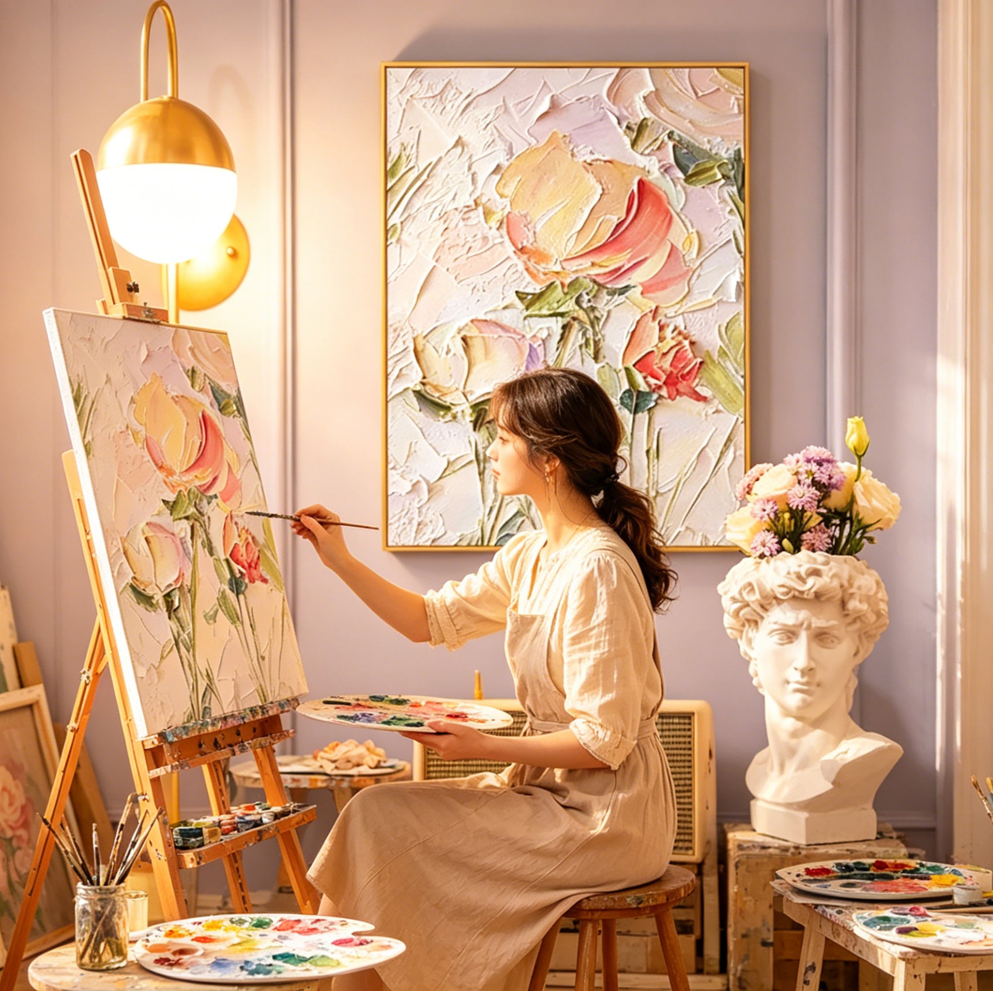 Hand-Painted "Petal Whisper" Oil Painting – Textured Floral Statement Canvas for Serene Interiors