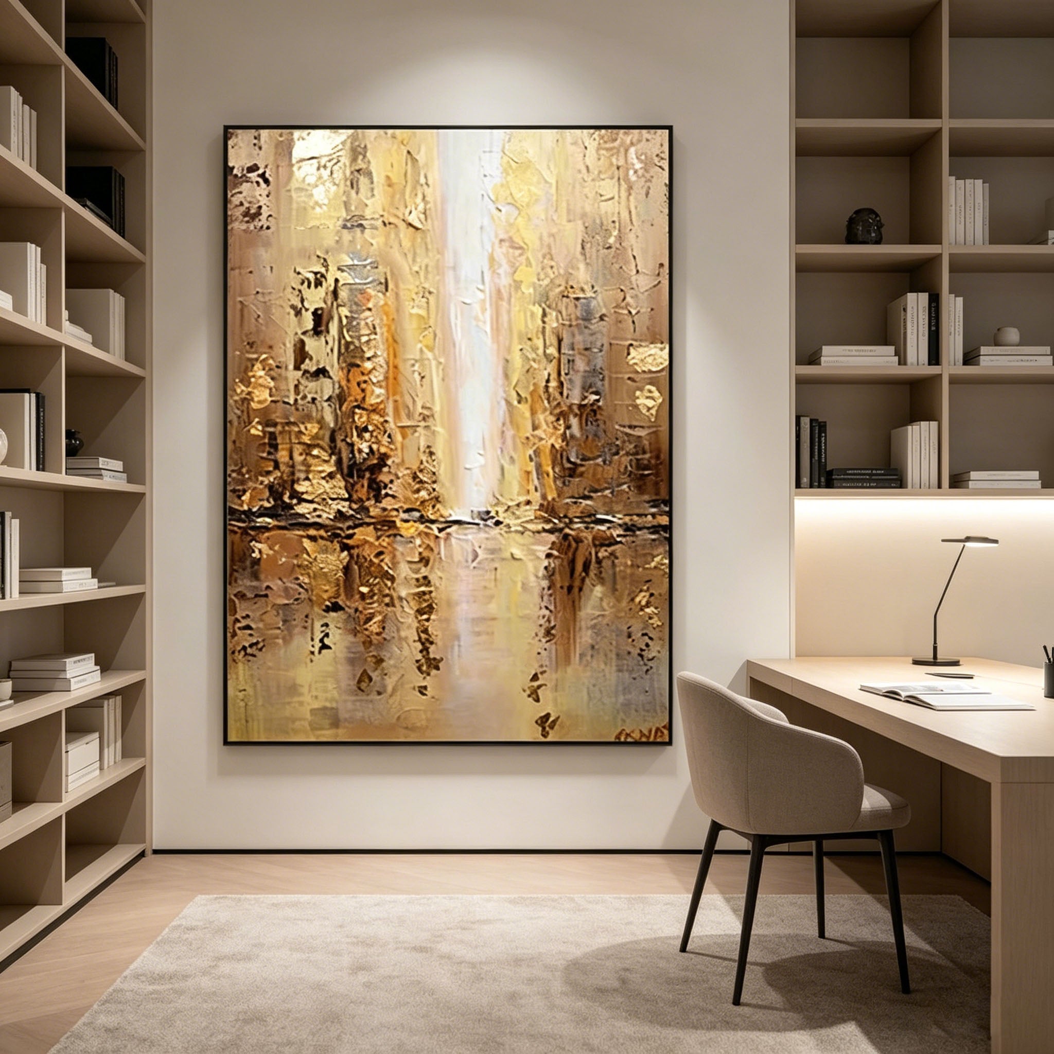 Golden Abstract Cityscape Impasto Oil Painting, Textured Palette Knife Urban Canvas Wall Art, Neutral Gold Tone Modern City Reflection Decor