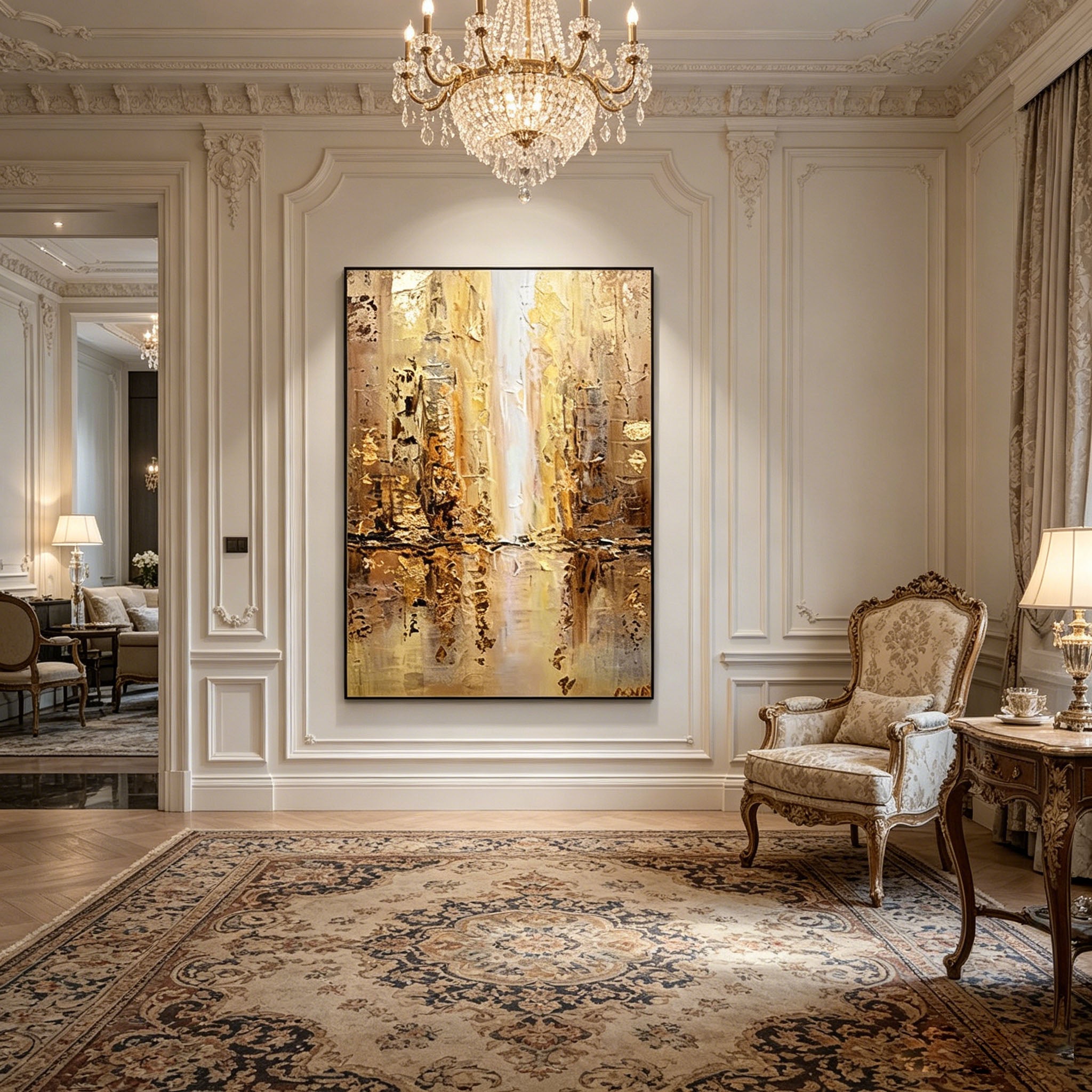 Golden Abstract Cityscape Impasto Oil Painting, Textured Palette Knife Urban Canvas Wall Art, Neutral Gold Tone Modern City Reflection Decor