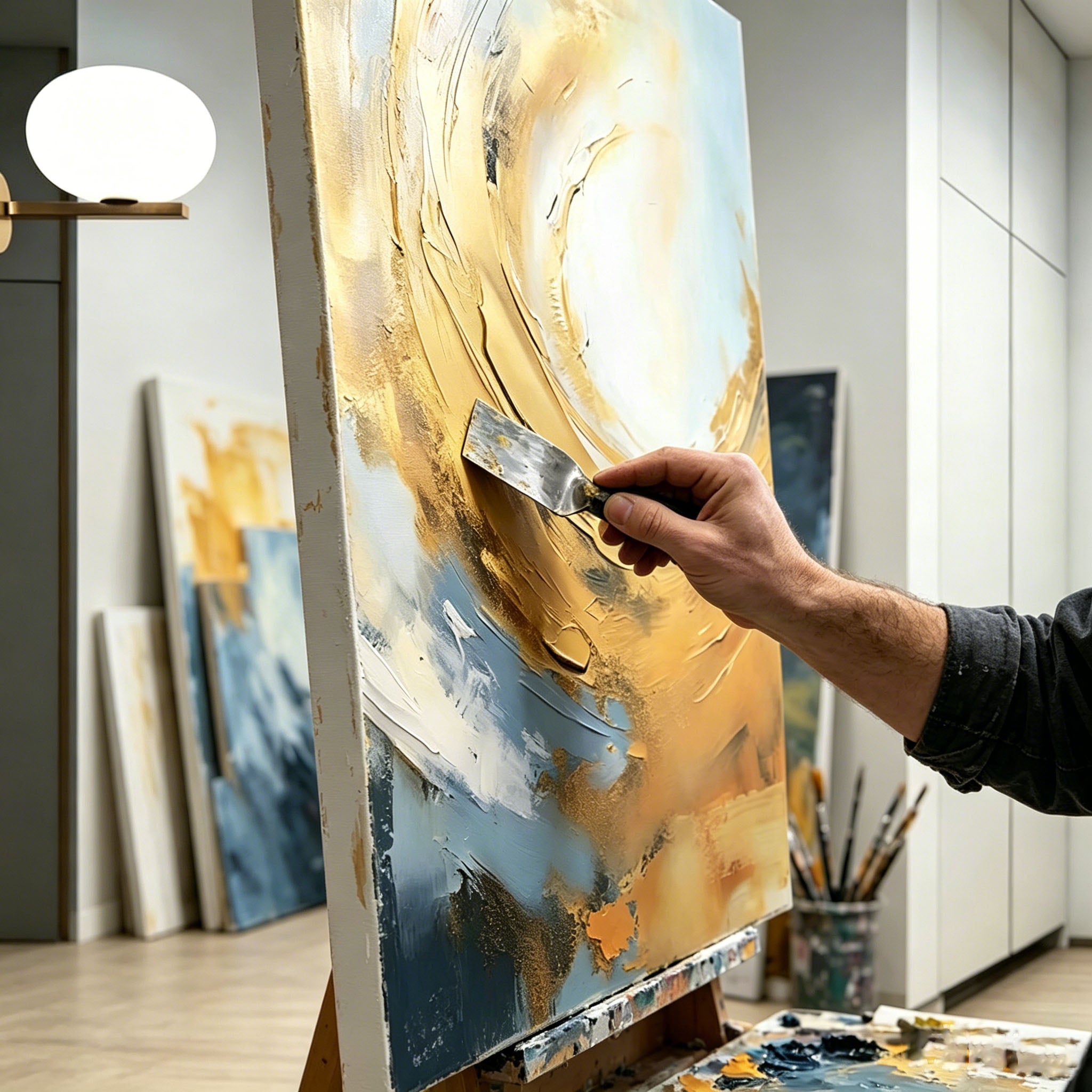 Hand‑Painted Thick Texture Abstract Oil Painting, Gold & Blue Swirl Wall Art for Home Decor