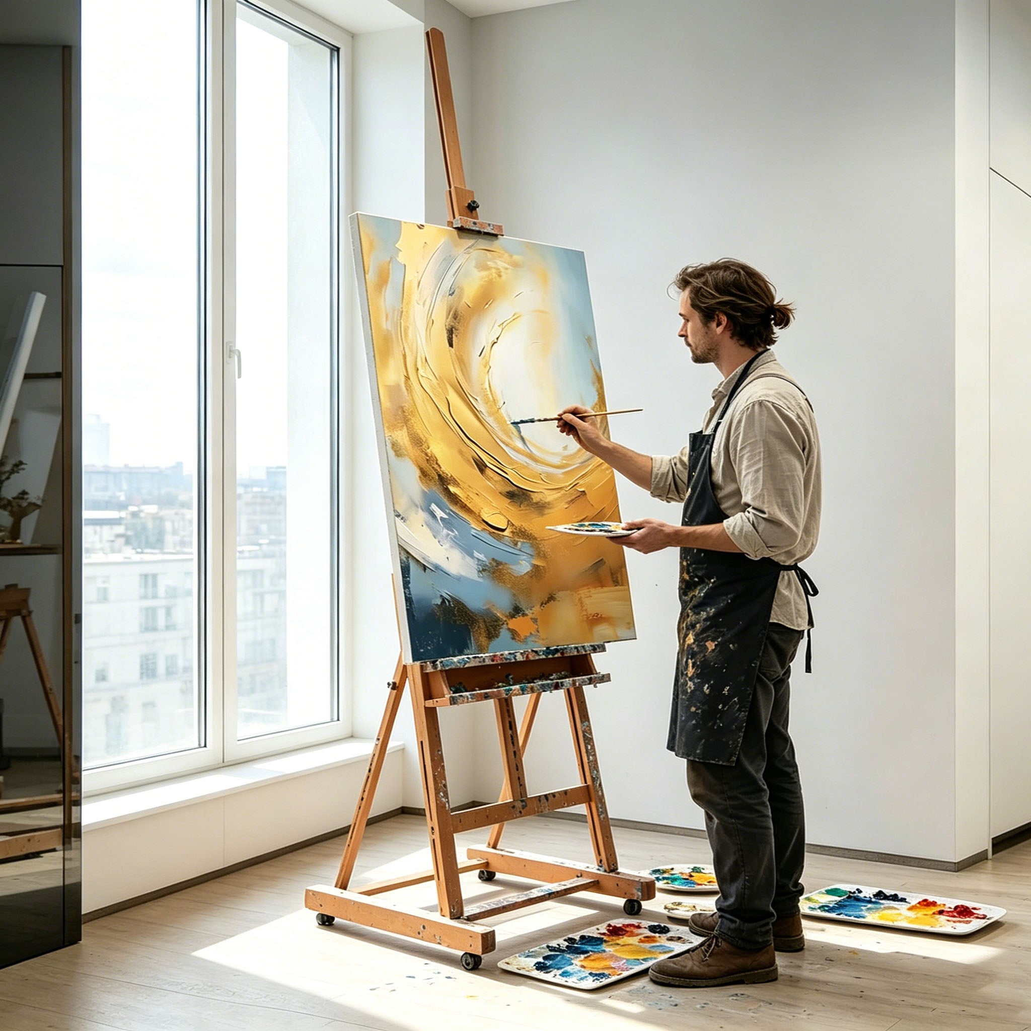 Hand‑Painted Thick Texture Abstract Oil Painting, Gold & Blue Swirl Wall Art for Home Decor