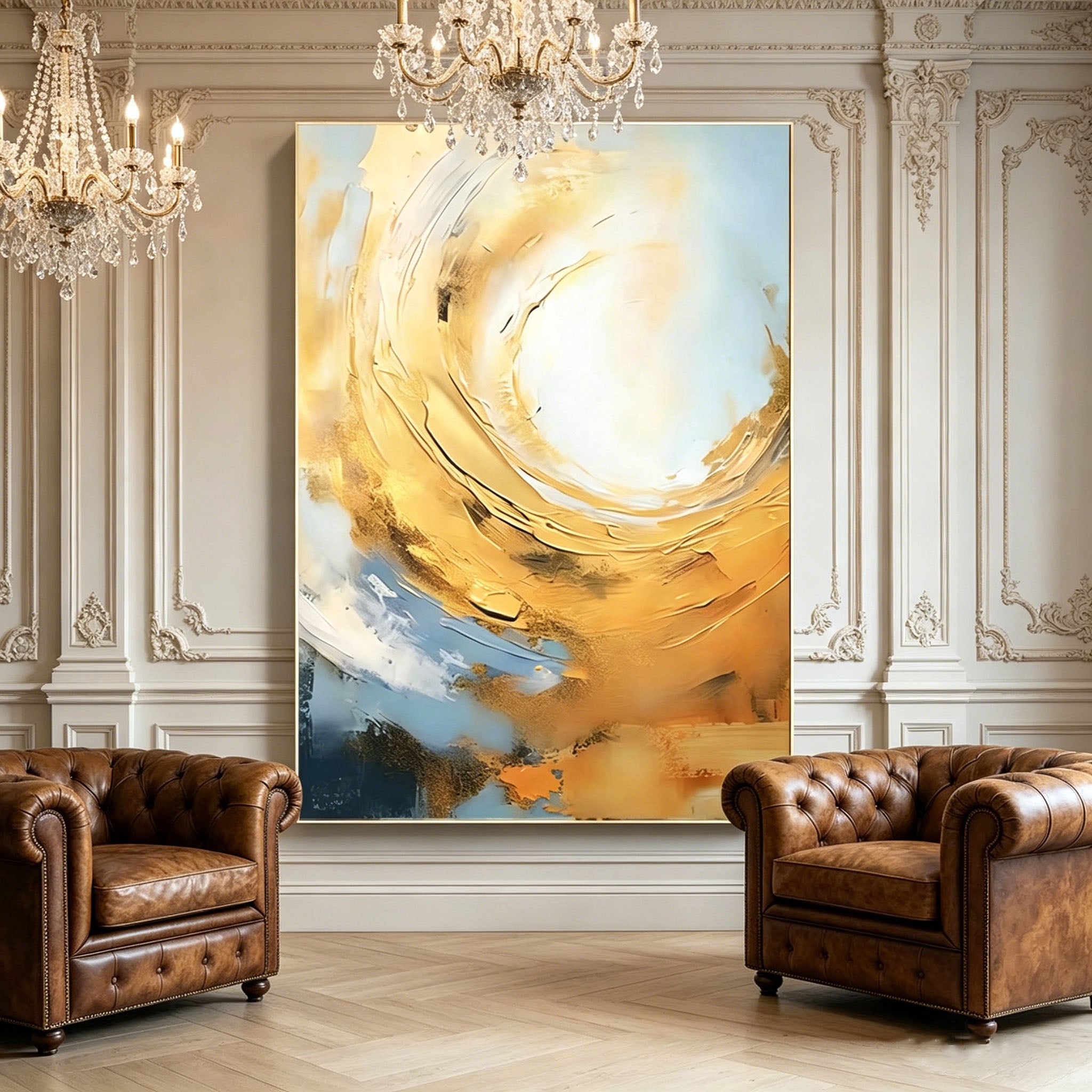 Hand‑Painted Thick Texture Abstract Oil Painting, Gold & Blue Swirl Wall Art for Home Decor