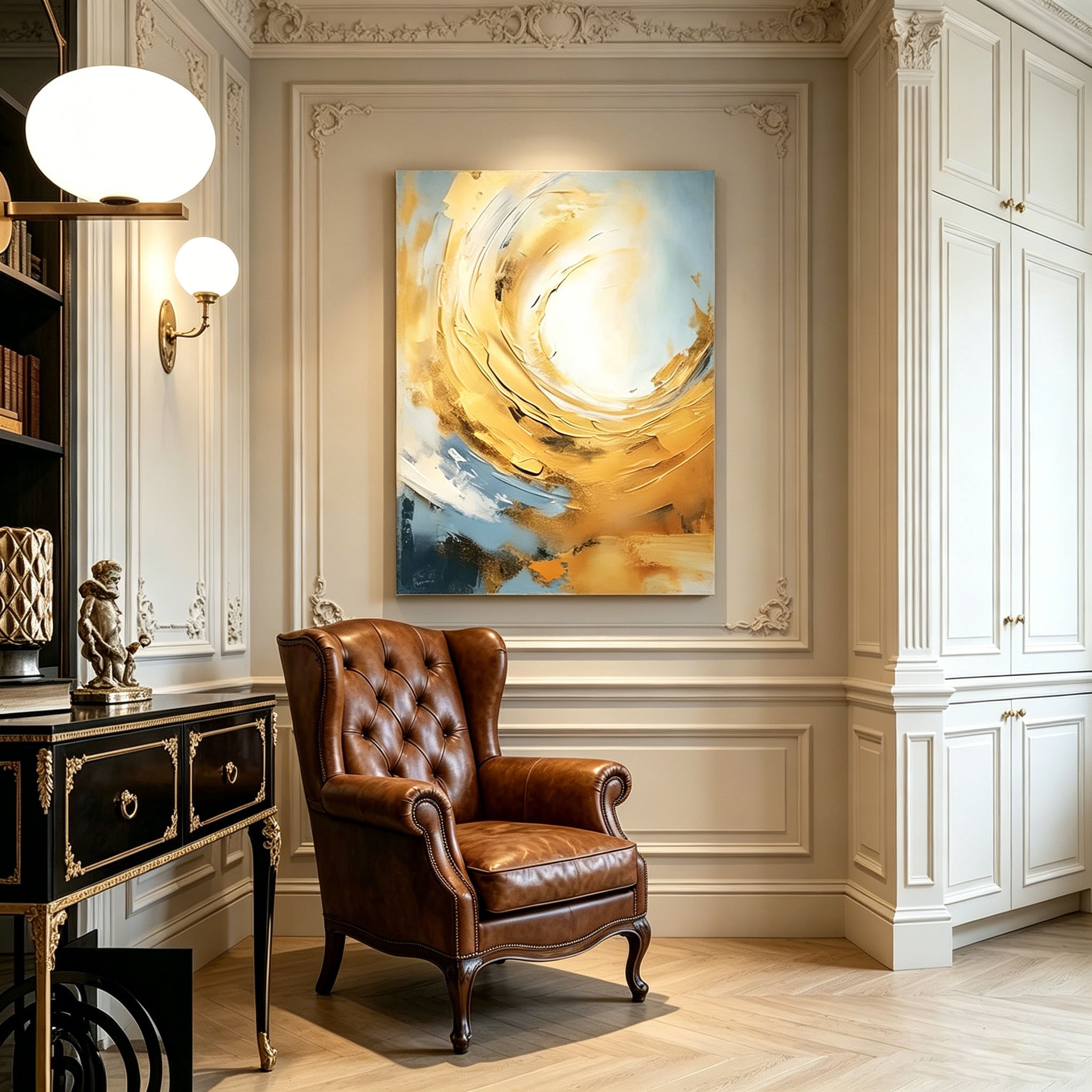 Hand‑Painted Thick Texture Abstract Oil Painting, Gold & Blue Swirl Wall Art for Home Decor