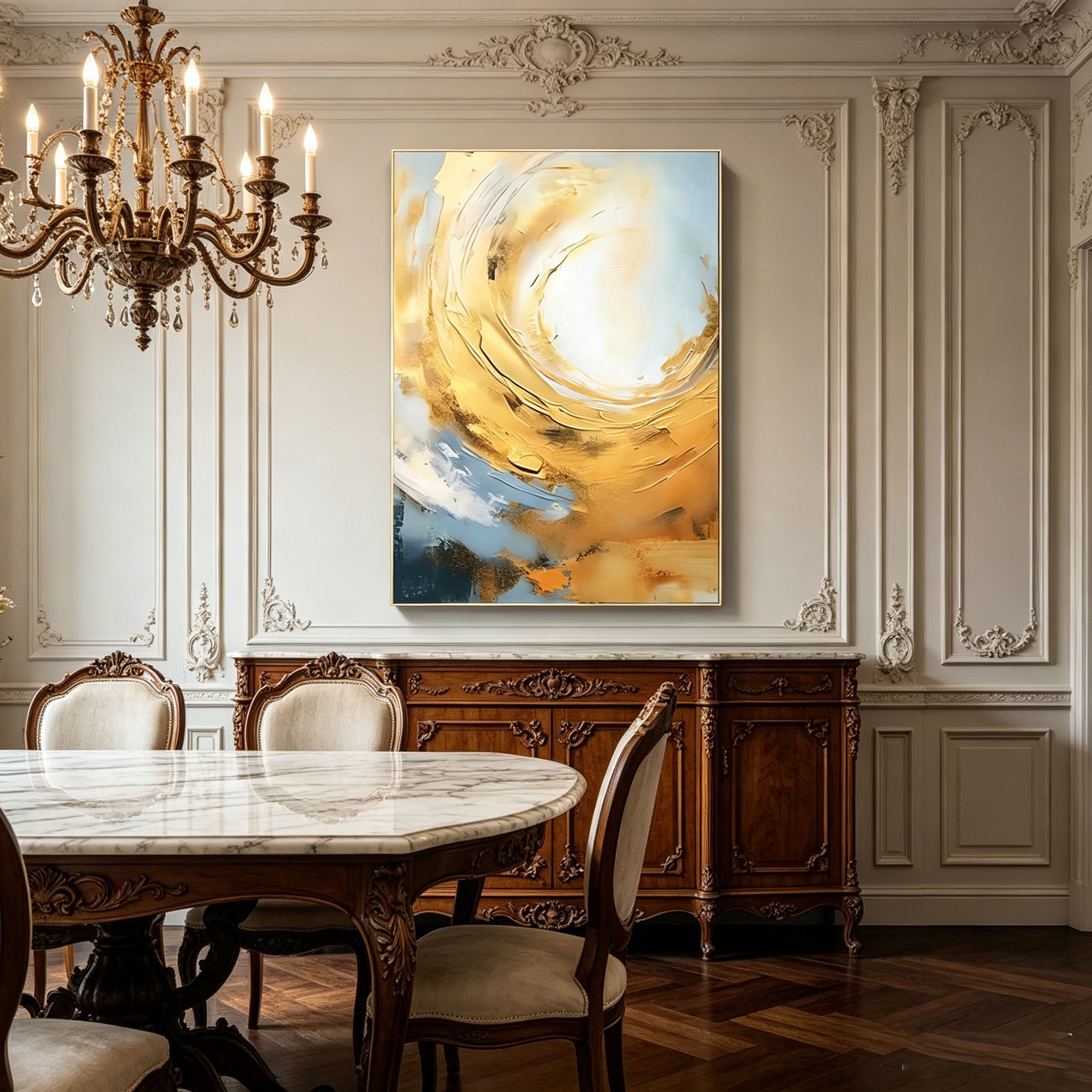 Hand‑Painted Thick Texture Abstract Oil Painting, Gold & Blue Swirl Wall Art for Home Decor