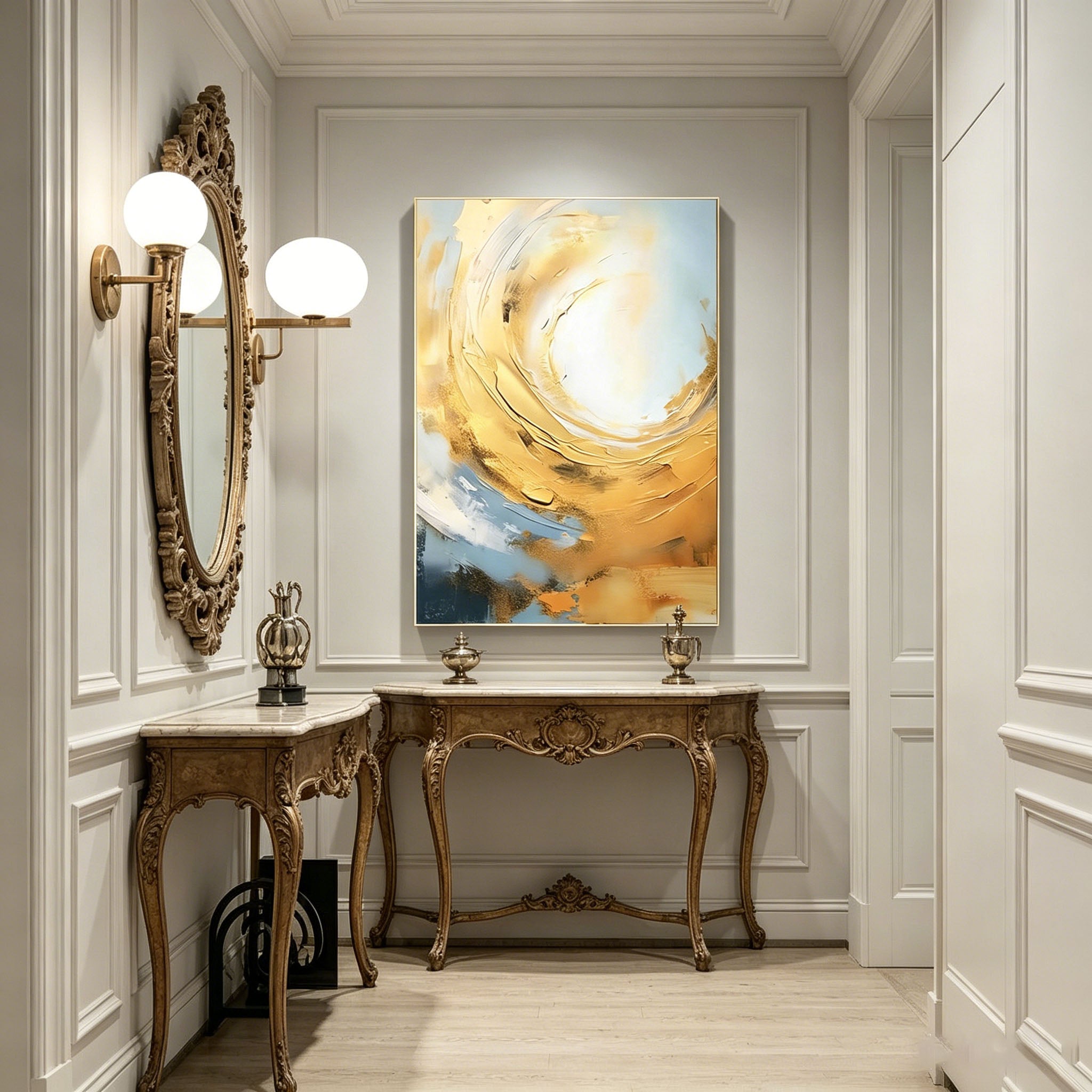 Hand‑Painted Thick Texture Abstract Oil Painting, Gold & Blue Swirl Wall Art for Home Decor