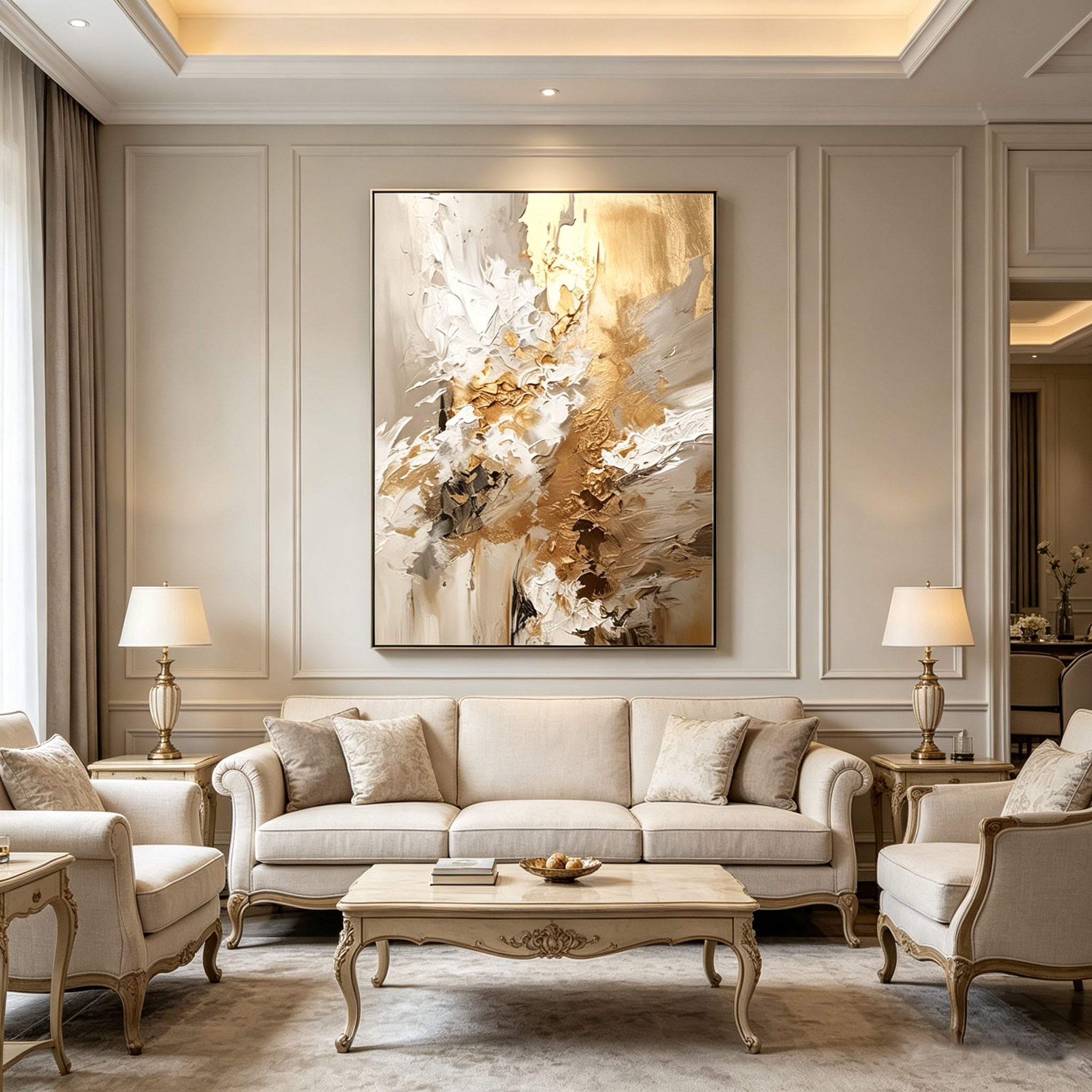 Hand‑Painted Thick Impasto Abstract Oil Painting, Gold Beige White Textured Wall Art for Luxury Home