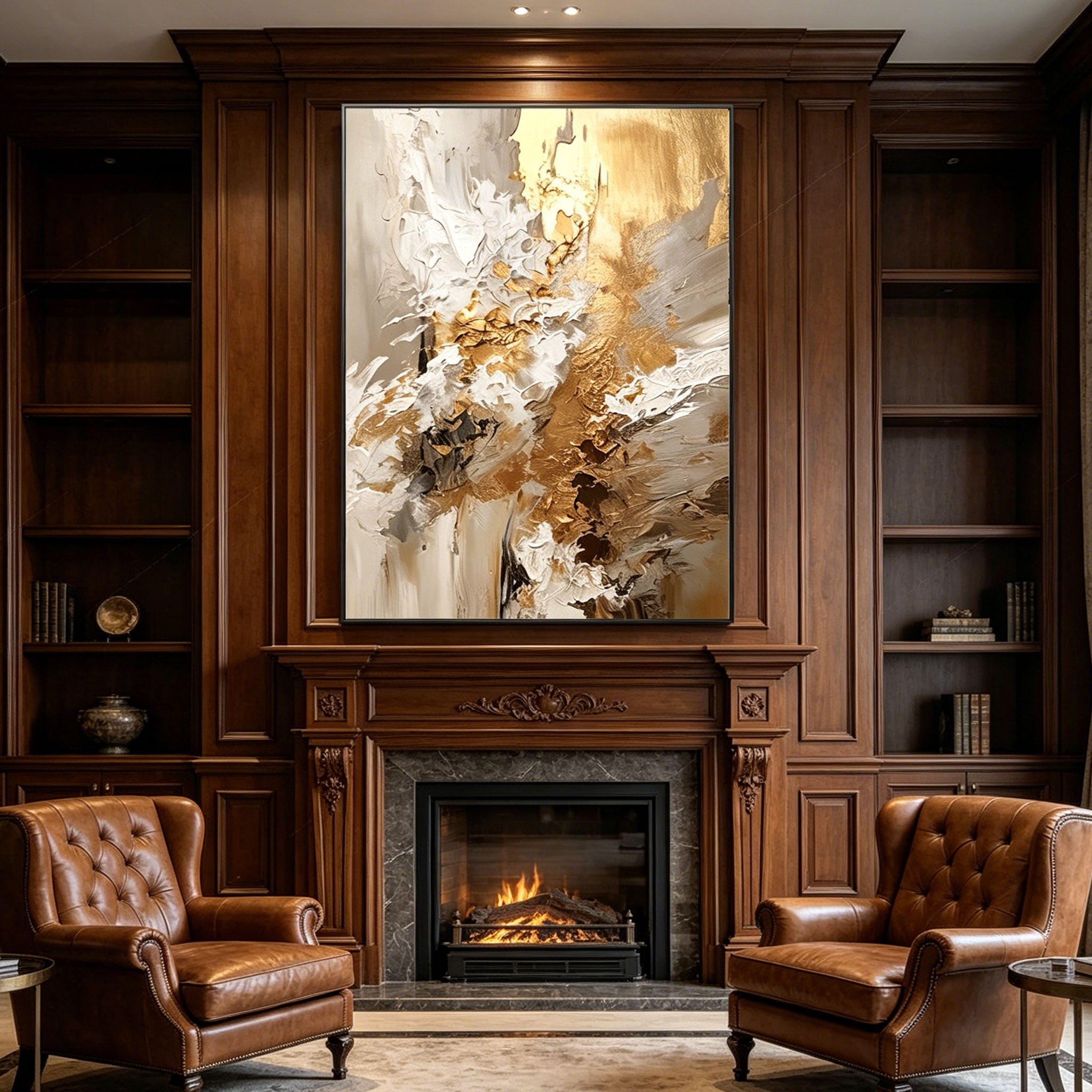 Hand‑Painted Thick Impasto Abstract Oil Painting, Gold Beige White Textured Wall Art for Luxury Home