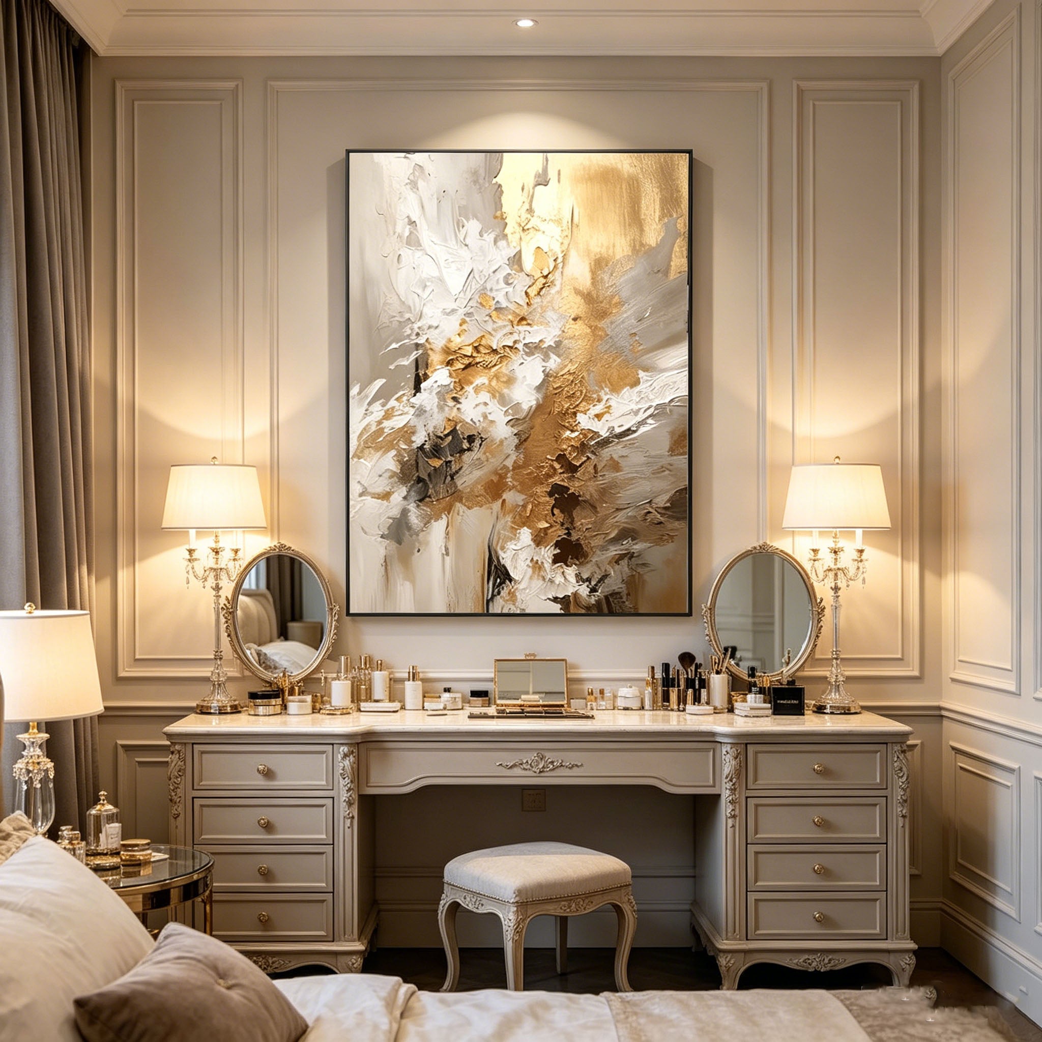 Hand‑Painted Thick Impasto Abstract Oil Painting, Gold Beige White Textured Wall Art for Luxury Home