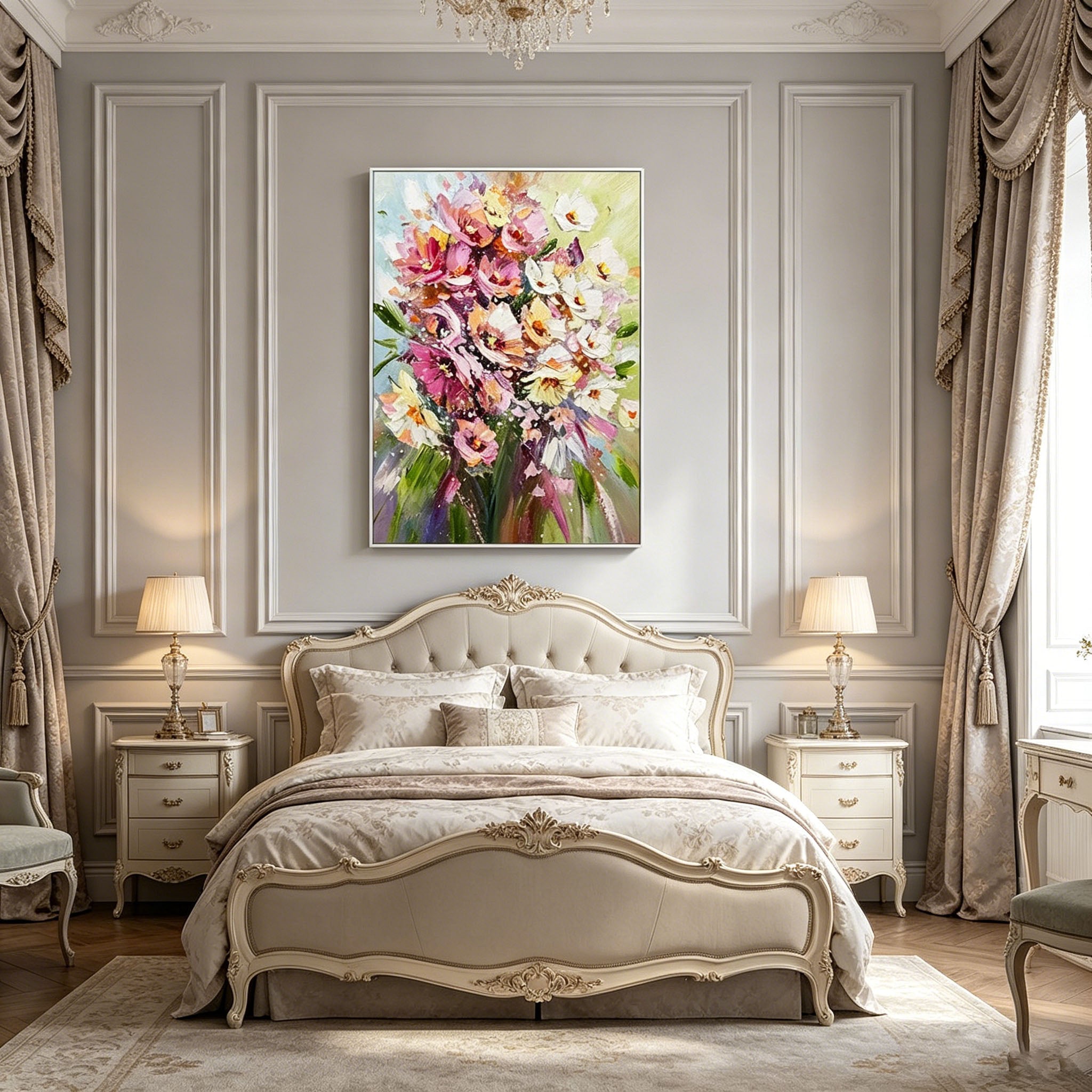 Vibrant Bouquet Floral Impasto Oil Painting, Textured Palette Knife Colorful Flower Canvas Wall Art, Romantic Botanical Decor