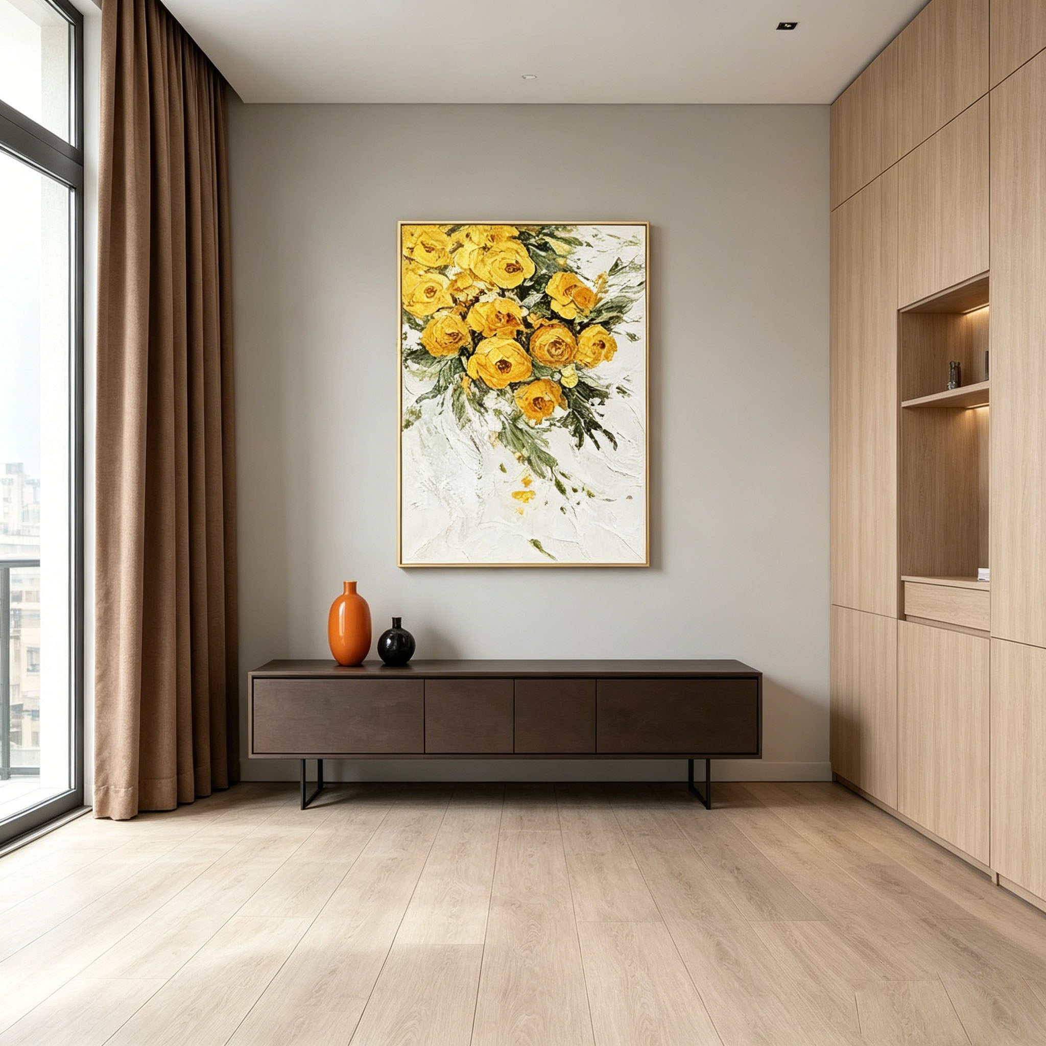 Thick Impasto Yellow Floral Bouquet Oil Painting, Textured Palette Knife Flower Canvas Wall Art, Vibrant Golden Botanical Decor
