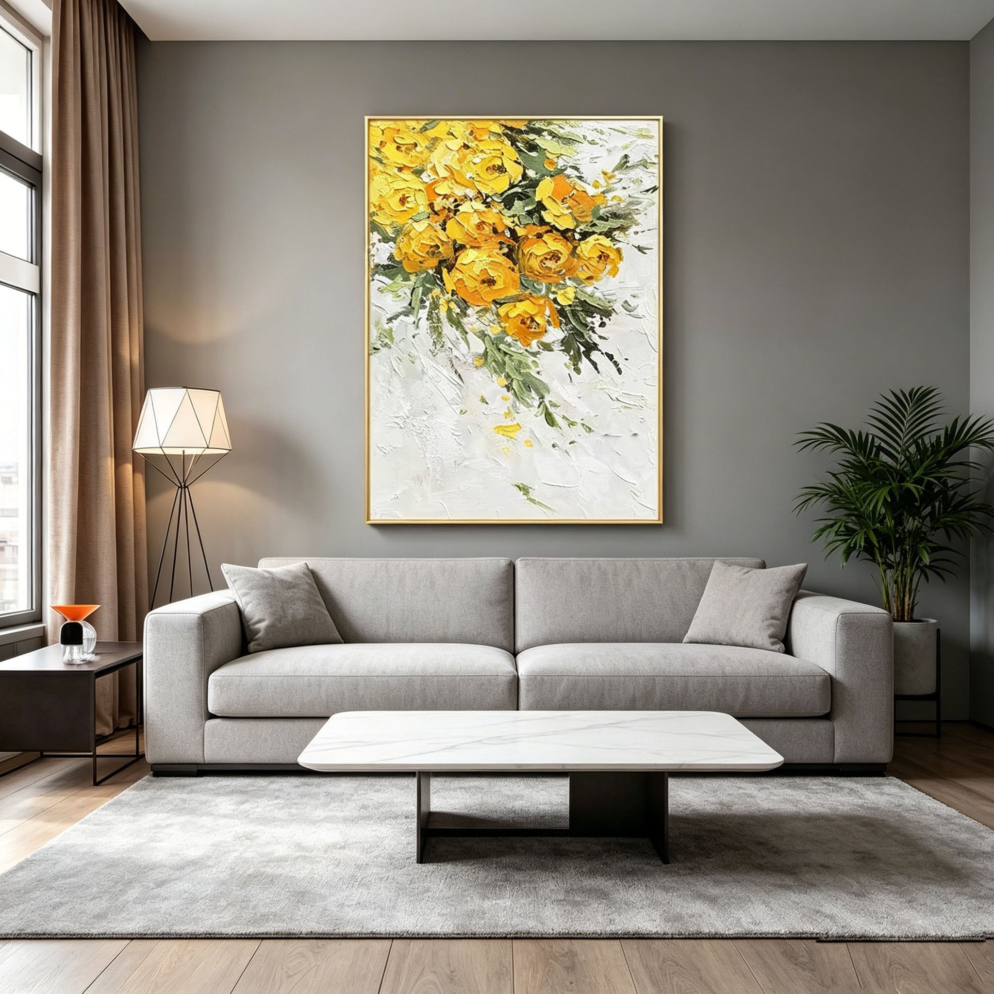 Thick Impasto Yellow Floral Bouquet Oil Painting, Textured Palette Knife Flower Canvas Wall Art, Vibrant Golden Botanical Decor