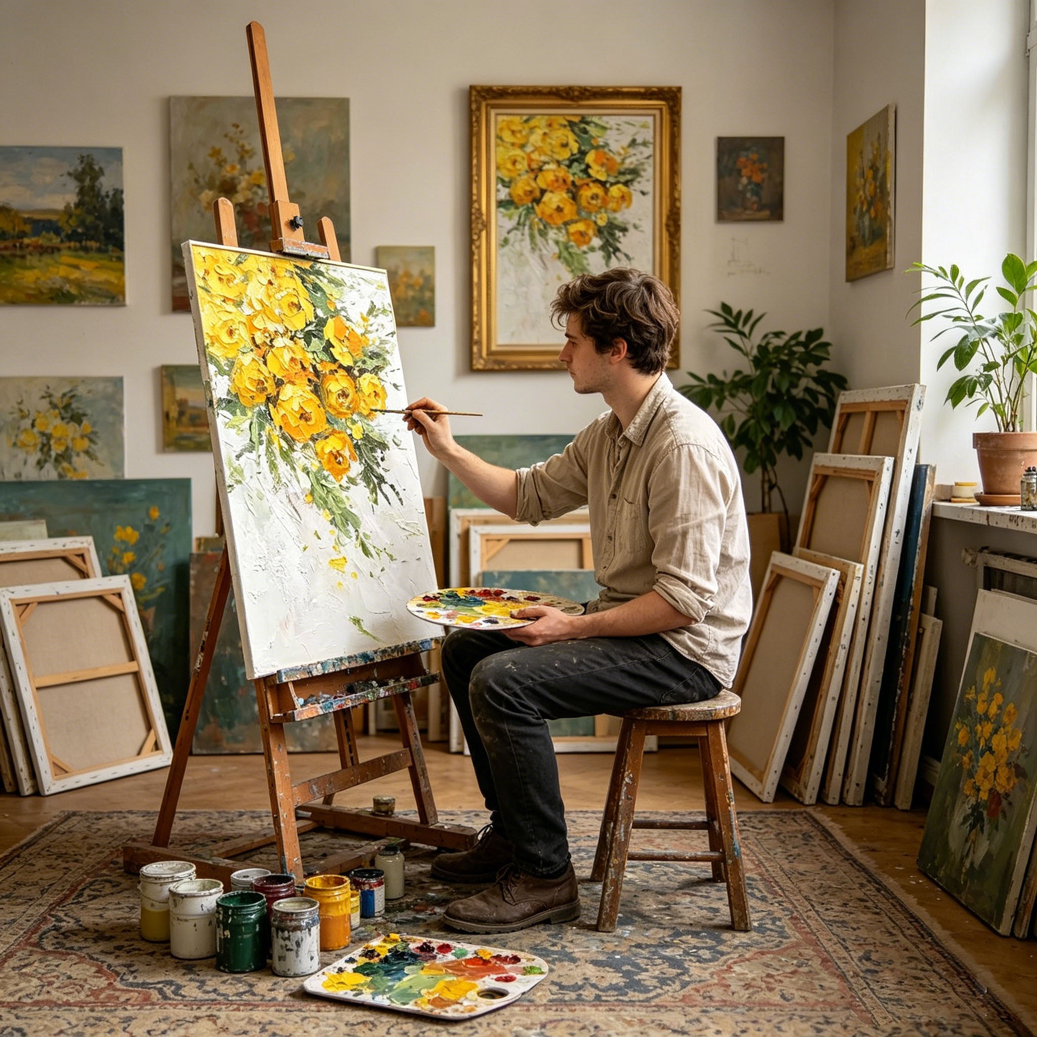 Thick Impasto Yellow Floral Bouquet Oil Painting, Textured Palette Knife Flower Canvas Wall Art, Vibrant Golden Botanical Decor