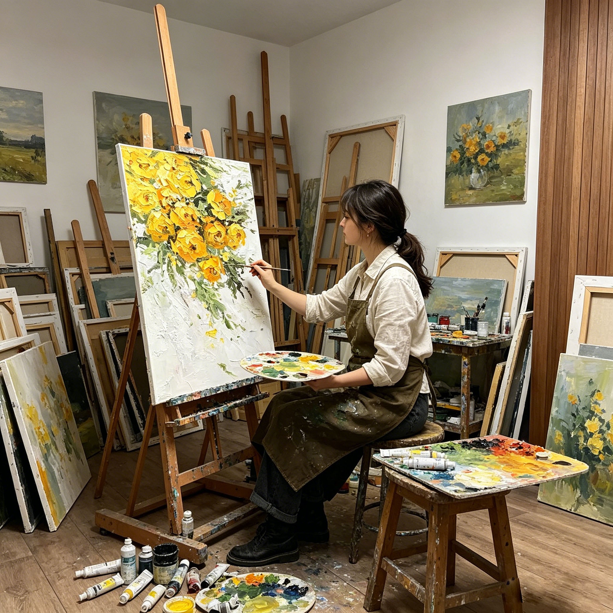 Thick Impasto Yellow Floral Bouquet Oil Painting, Textured Palette Knife Flower Canvas Wall Art, Vibrant Golden Botanical Decor