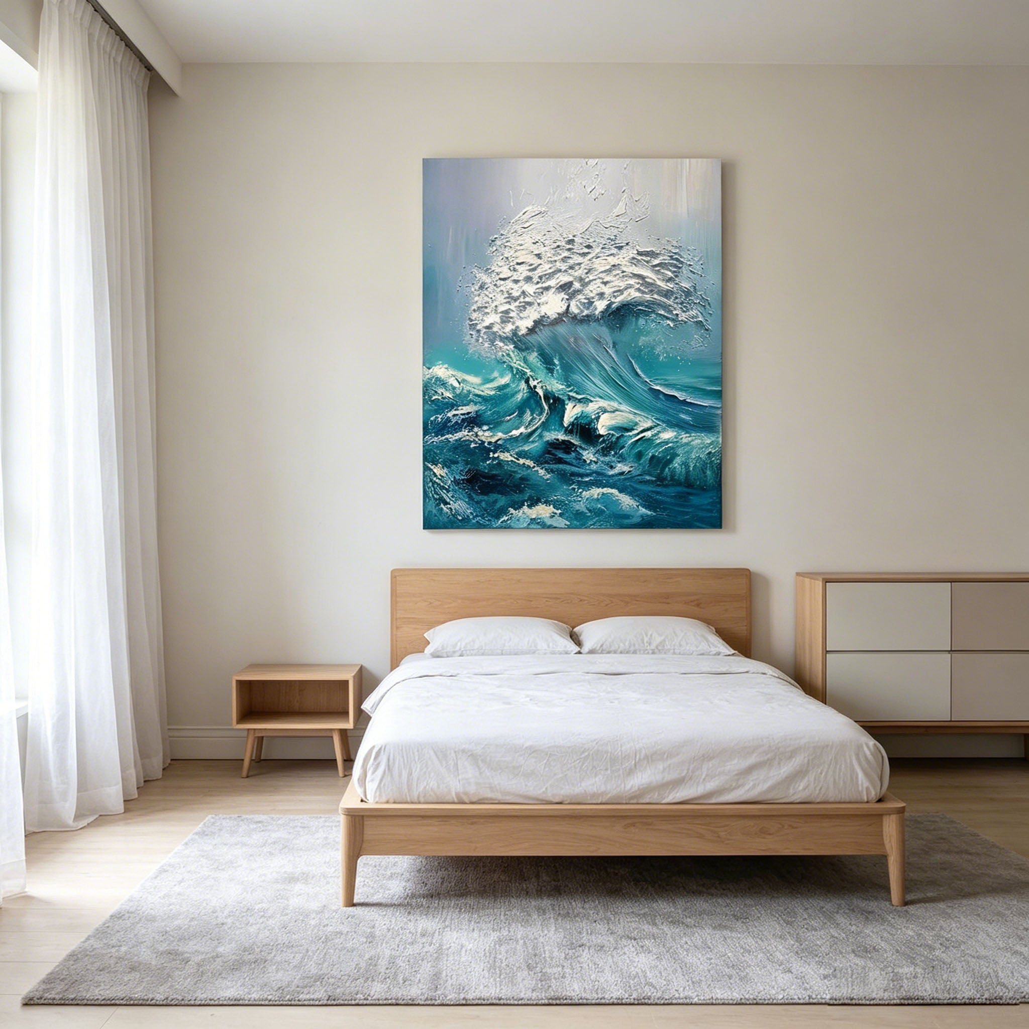 Thick Impasto Crashing Ocean Wave Oil Painting, Textured Palette Knife Seascape Canvas Wall Art, Turquoise Blue Sea Surf Decor