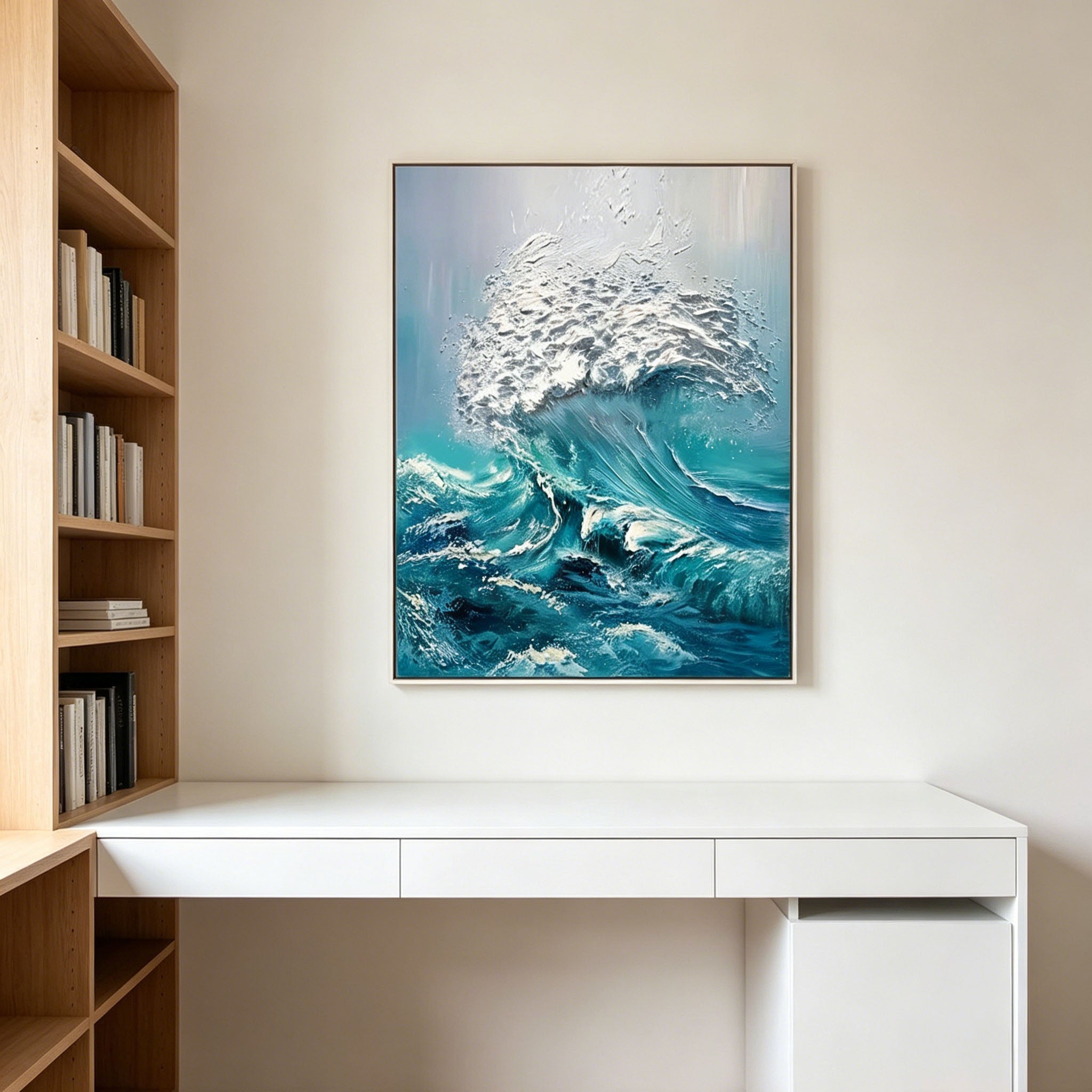 Thick Impasto Crashing Ocean Wave Oil Painting, Textured Palette Knife Seascape Canvas Wall Art, Turquoise Blue Sea Surf Decor