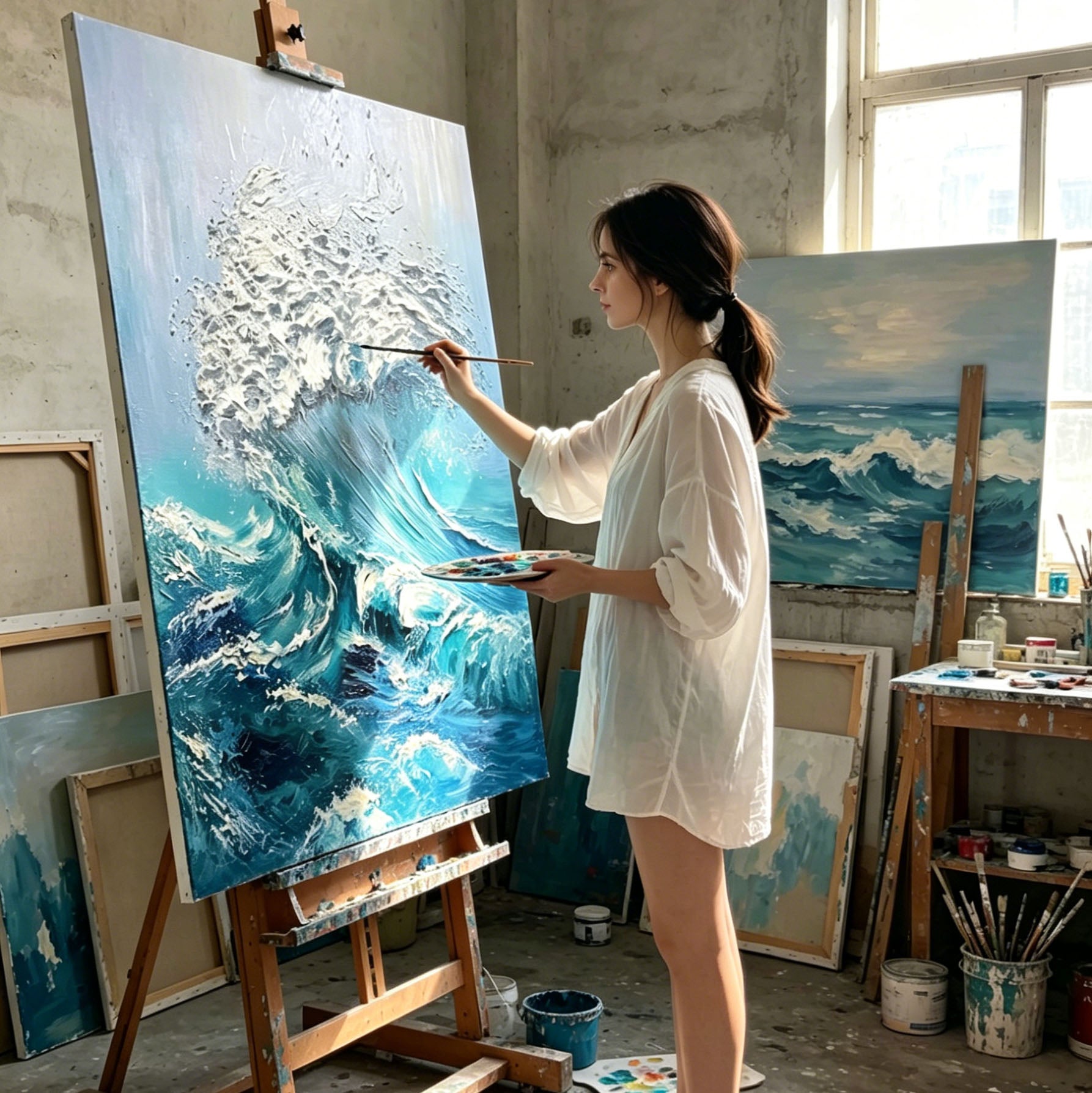 Thick Impasto Crashing Ocean Wave Oil Painting, Textured Palette Knife Seascape Canvas Wall Art, Turquoise Blue Sea Surf Decor