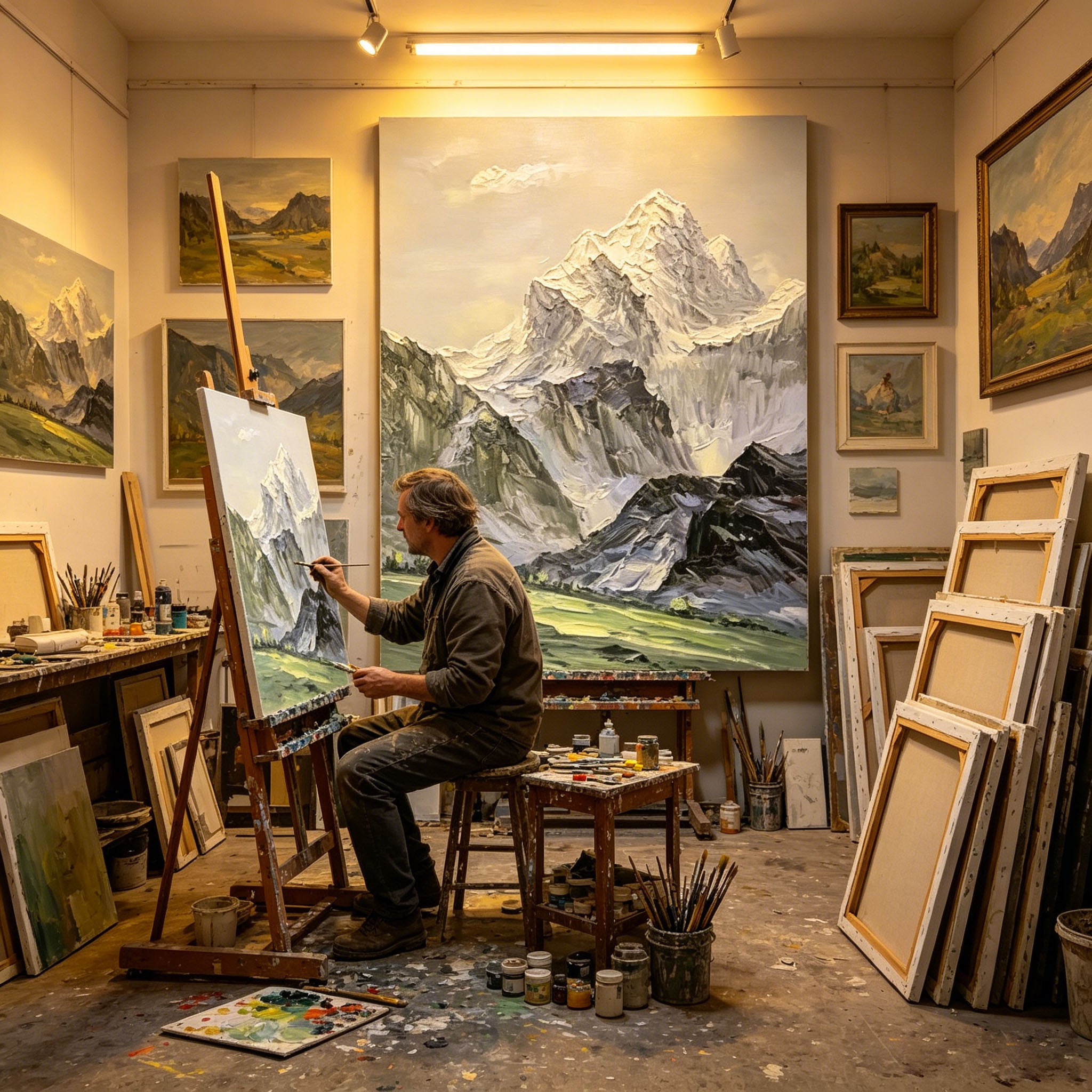 Thick Impasto Snow Mountain Landscape Oil Painting, Textured Palette Knife Alpine Mountain Canvas Wall Art, Neutral Mountain Scenery Decor