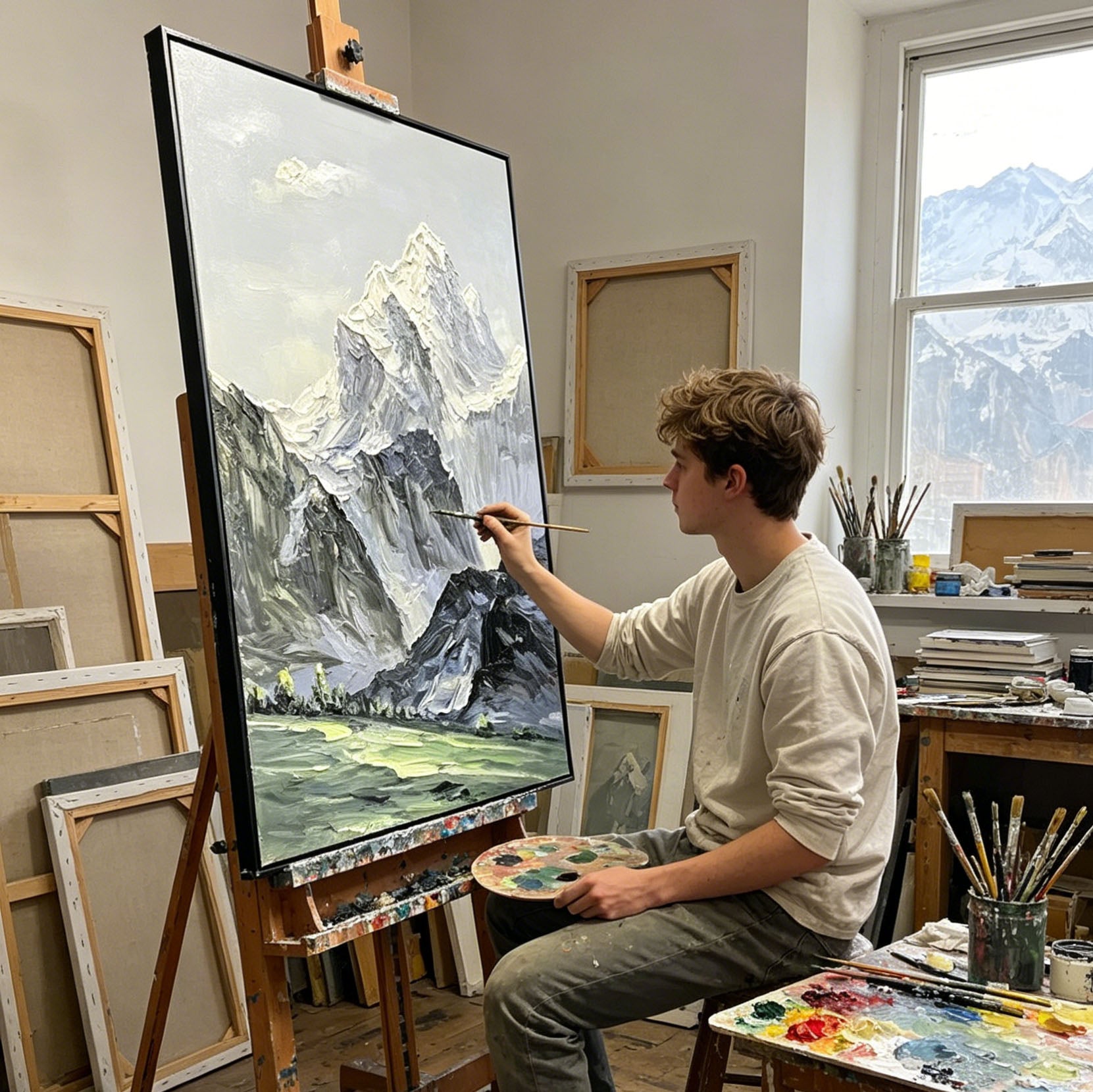 Thick Impasto Snow Mountain Landscape Oil Painting, Textured Palette Knife Alpine Mountain Canvas Wall Art, Neutral Mountain Scenery Decor