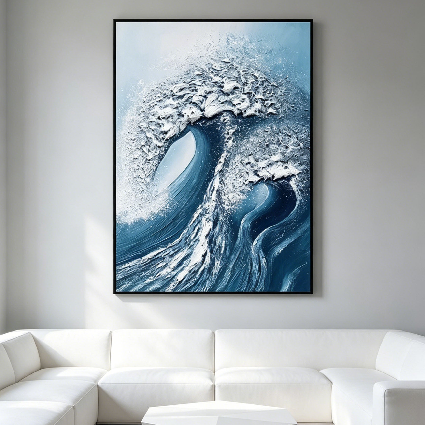 Thick Impasto Curling Ocean Wave Oil Painting, Textured Palette Knife Seascape Canvas Wall Art, Deep Blue Sea Surf Decor