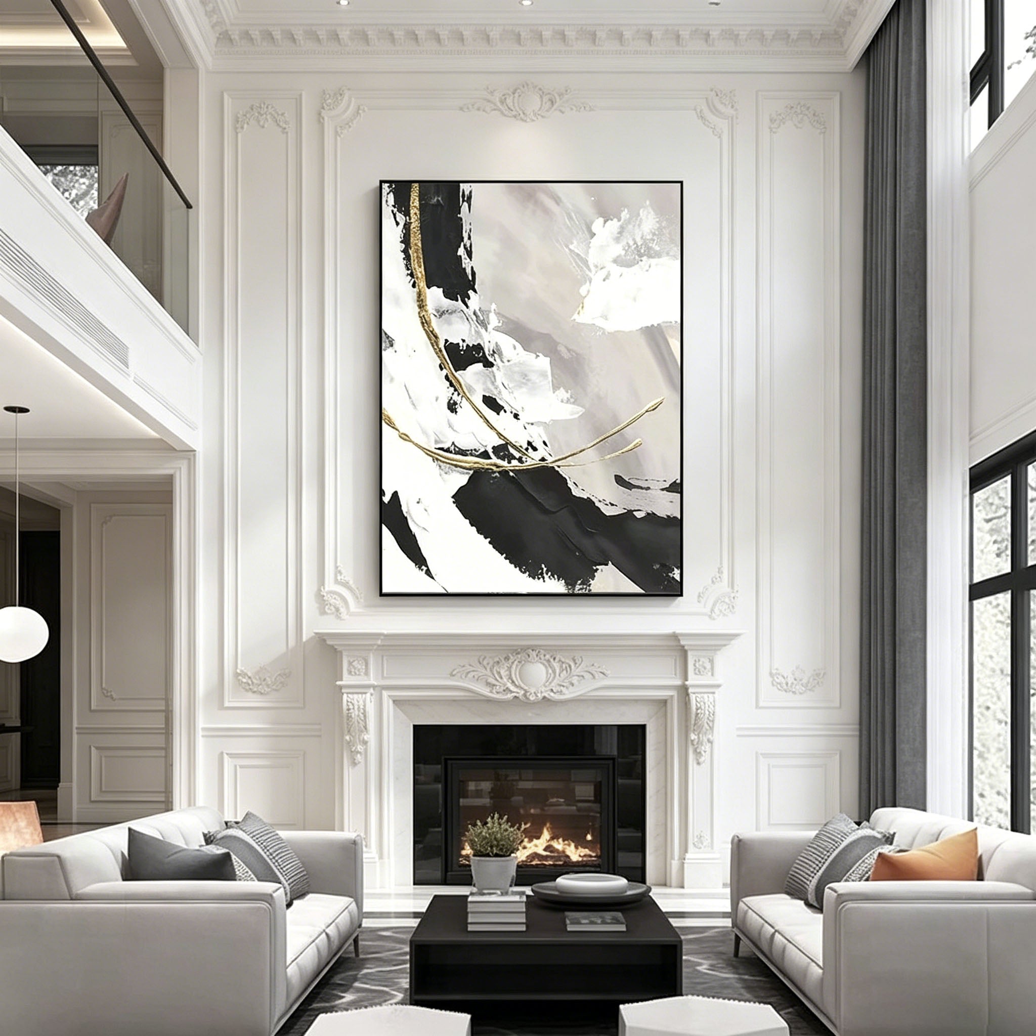Black White Gold Foil Abstract Impasto Oil Painting, Textured Palette Knife Neutral Canvas Wall Art, Modern Luxury Contemporary Decor