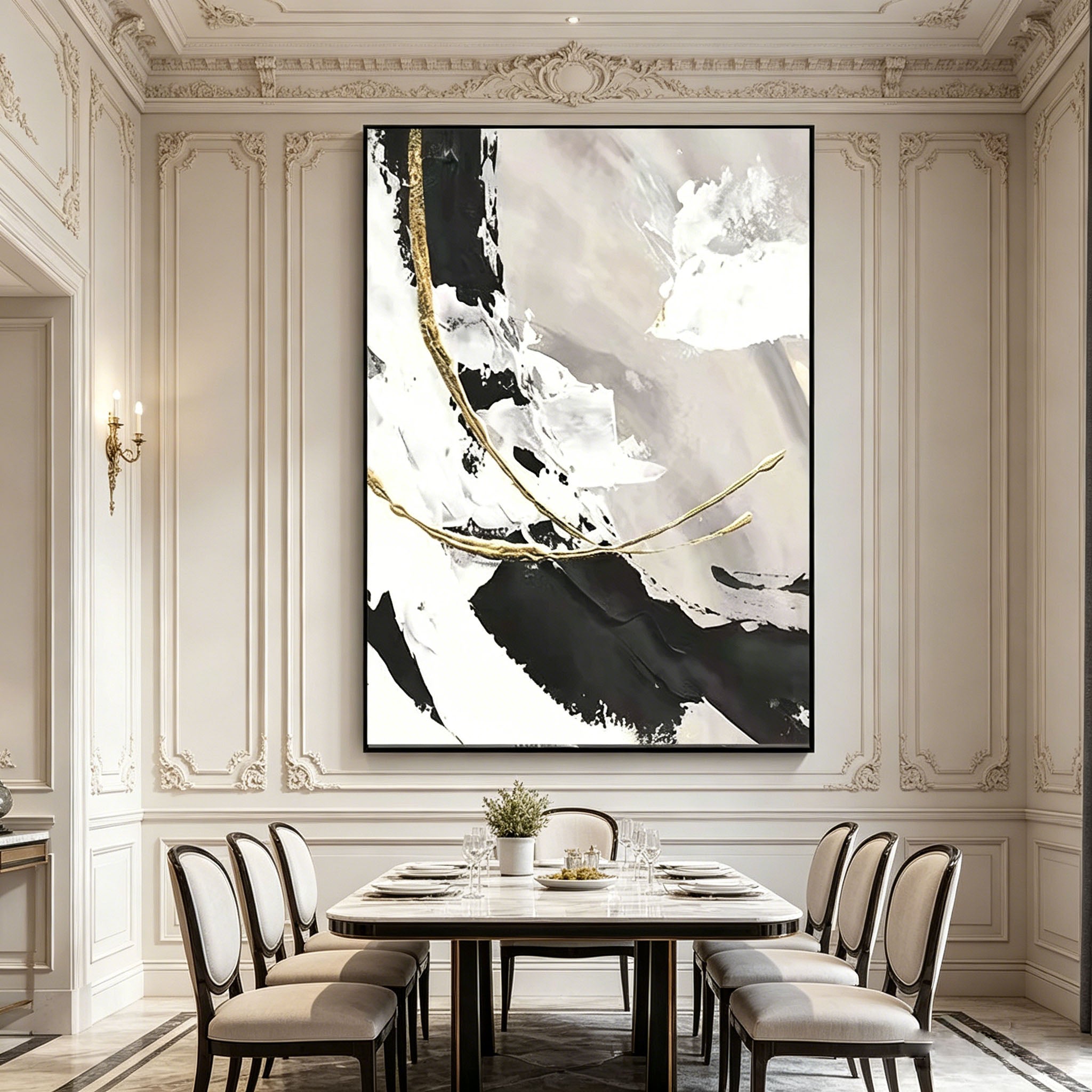 Black White Gold Foil Abstract Impasto Oil Painting, Textured Palette Knife Neutral Canvas Wall Art, Modern Luxury Contemporary Decor