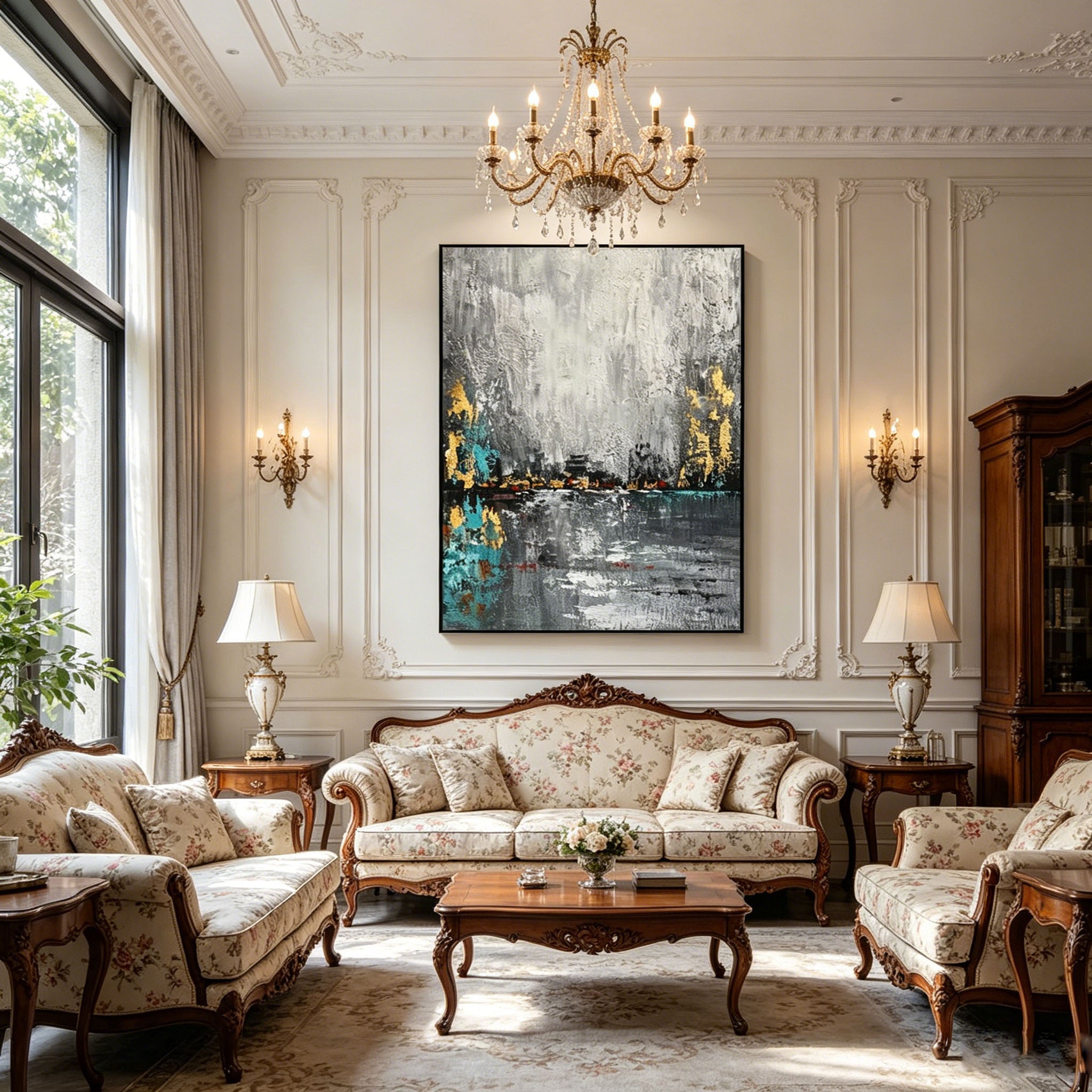 Gold Foil Abstract City Skyline Impasto Oil Painting, Textured Palette Knife Urban Lakeside Canvas Wall Art, Modern Grey Teal Cityscape Decor