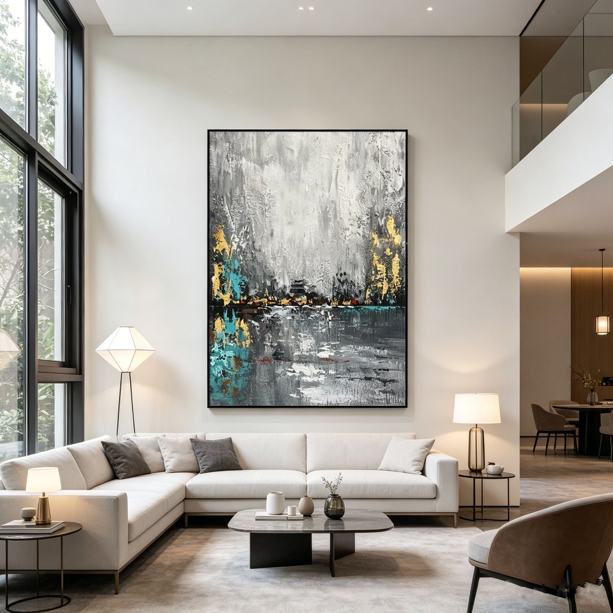 Gold Foil Abstract City Skyline Impasto Oil Painting, Textured Palette Knife Urban Lakeside Canvas Wall Art, Modern Grey Teal Cityscape Decor