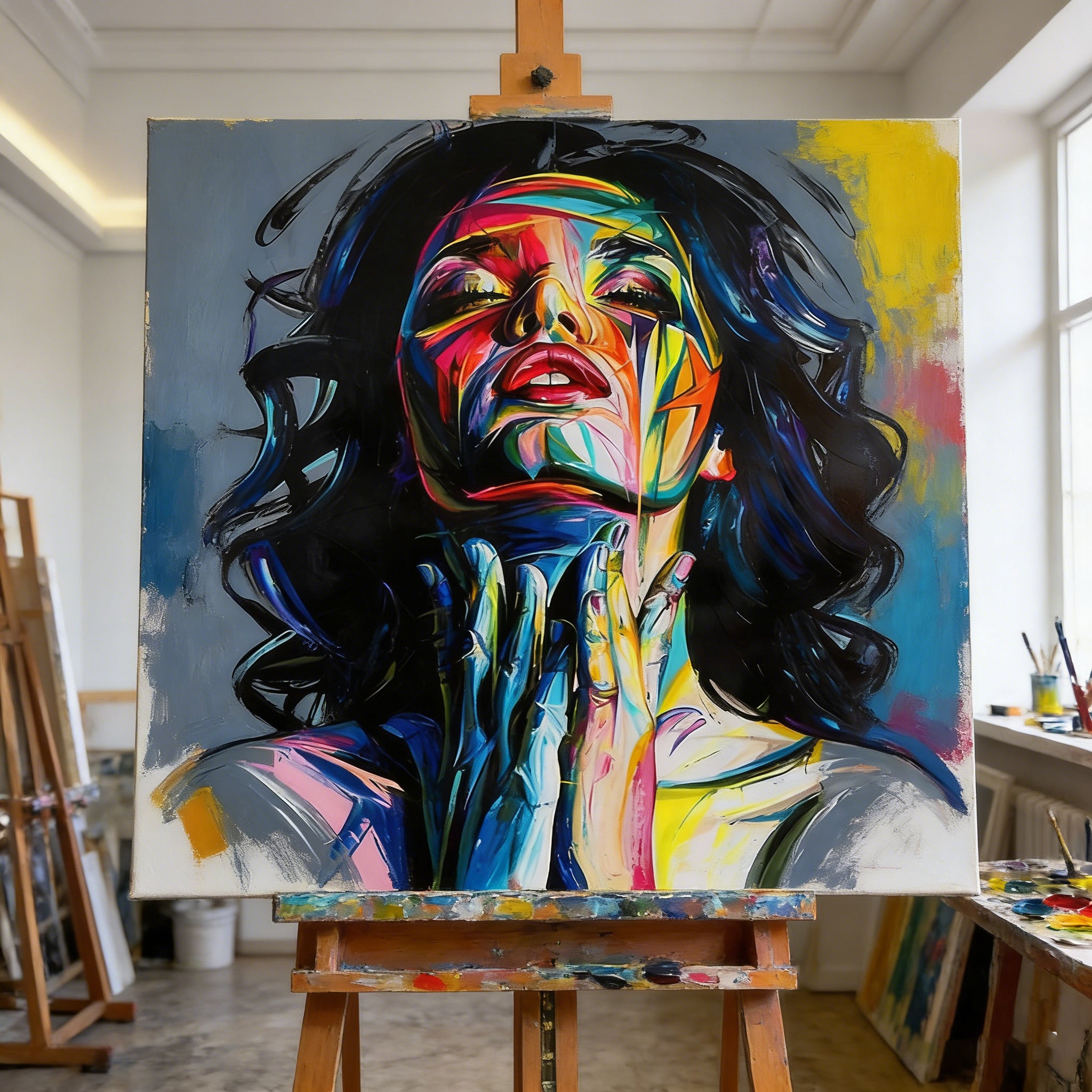 Vibrant Abstract Portrait Hand-Painted Oil Painting – Bold Palette Knife Woman’s Face Canvas for Modern Art Lovers