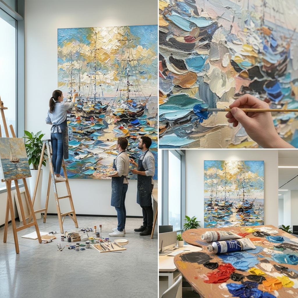 Stretched Hand-Painted "Harbor Moonlight" Oil Painting – Textured Nautical Statement Canvas for Coastal Elegance