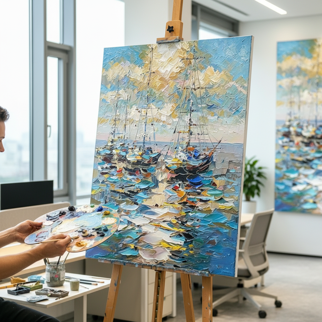 Stretched Hand-Painted "Harbor Moonlight" Oil Painting – Textured Nautical Statement Canvas for Coastal Elegance