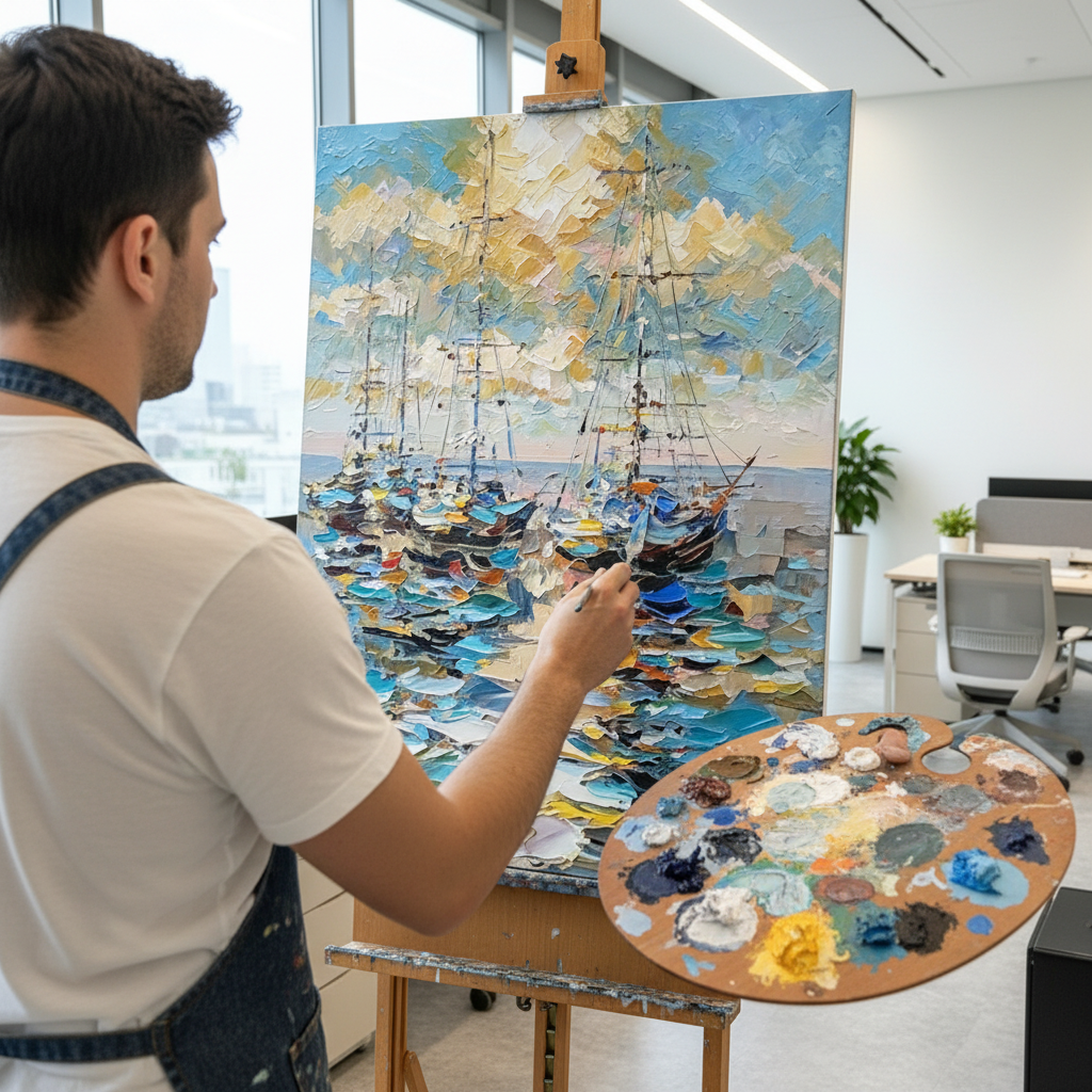Stretched Hand-Painted "Harbor Moonlight" Oil Painting – Textured Nautical Statement Canvas for Coastal Elegance